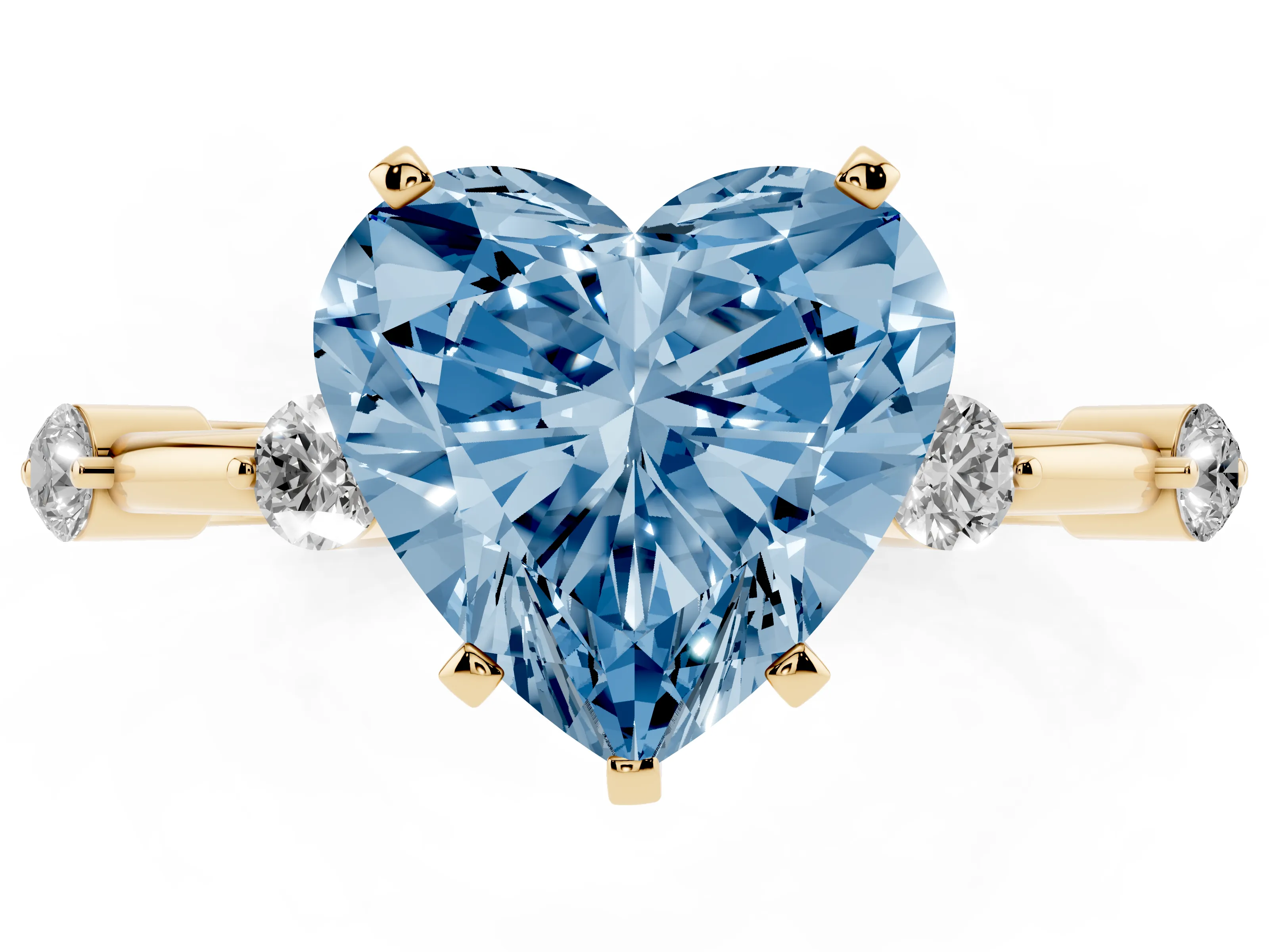Fancy Blue Heart Cut Diamond Solitaire Ring Set in Yellow gold with Bezel Set Side Stones and Prong Setting