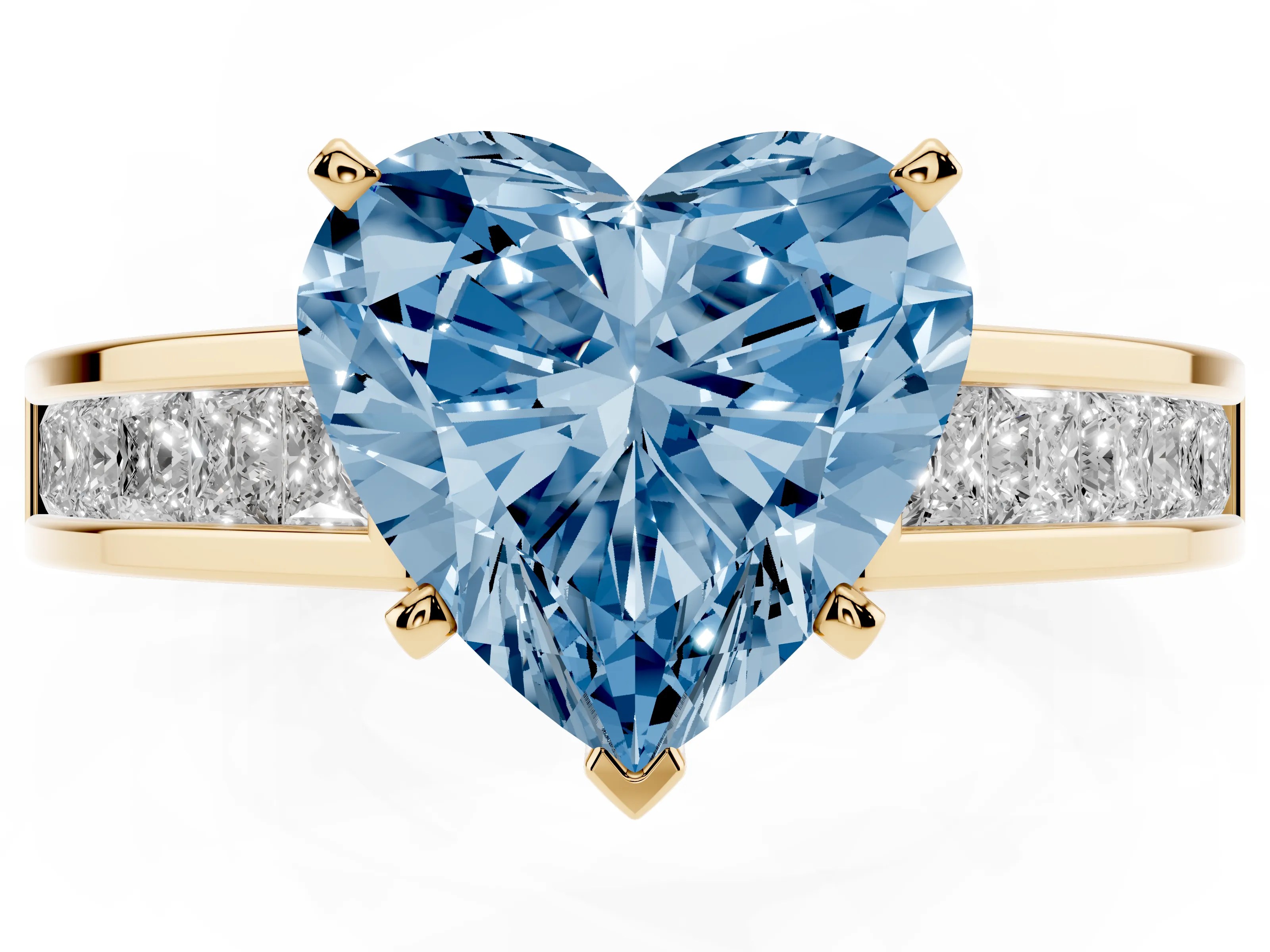 Fancy Blue Heart Cut Diamond Solitaire Ring Set in Yellow gold with Channel-Set Band and Prong Setting