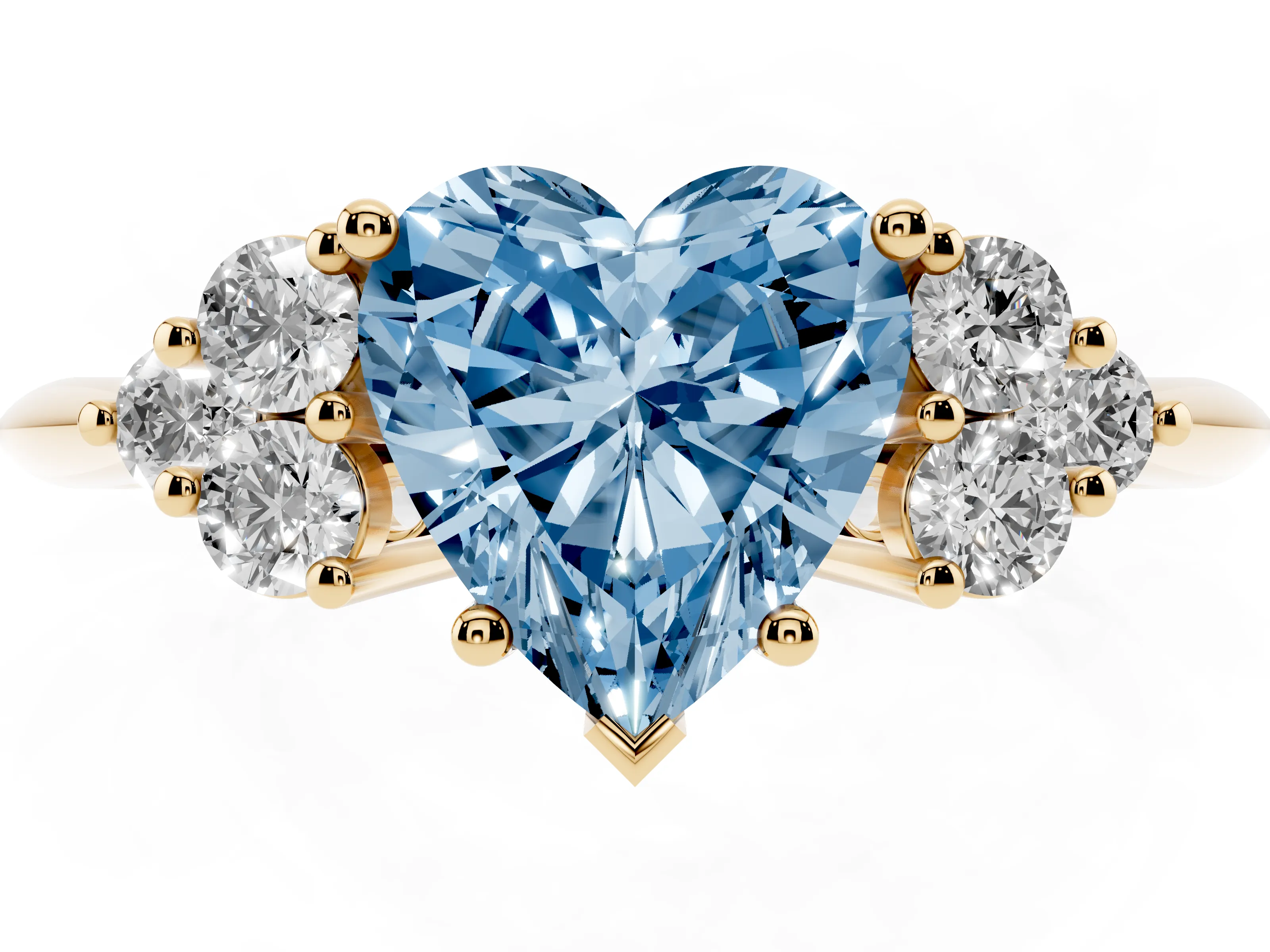 Fancy Blue Heart Cut Diamond Cluster Ring Set in Yellow gold with Plain Band and Prong Setting