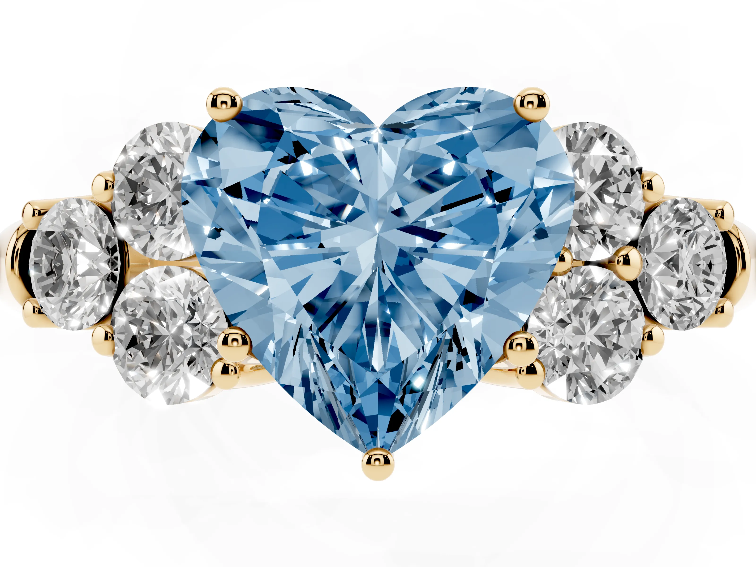 Fancy Blue Heart Cut Diamond Cluster Ring Set in Yellow gold with Round Accent Stones and Prong Setting on a Plain Band
