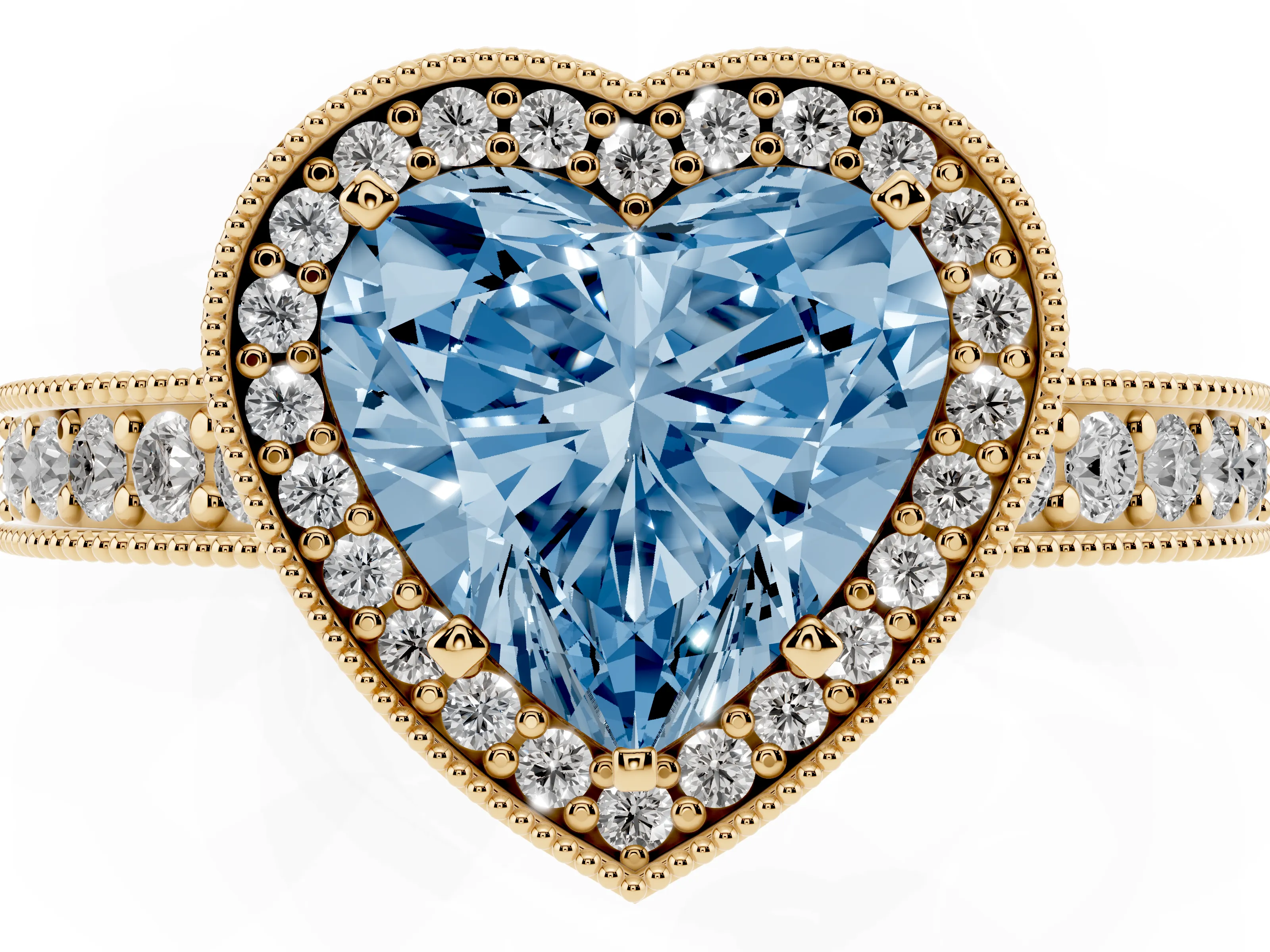 Fancy Blue Heart Cut Diamond Halo Pavé Band Ring Set in Yellow gold with Prong-Set Center