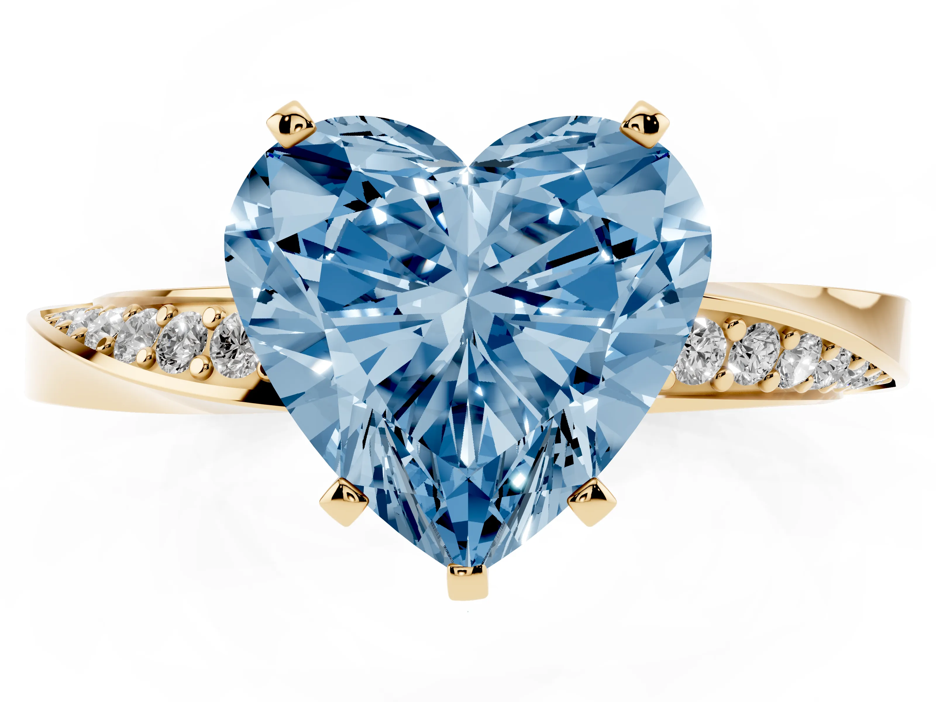 Fancy Blue Heart Cut Diamond Engagement Ring Set in Yellow gold with Side Stone Accents and Prong Setting