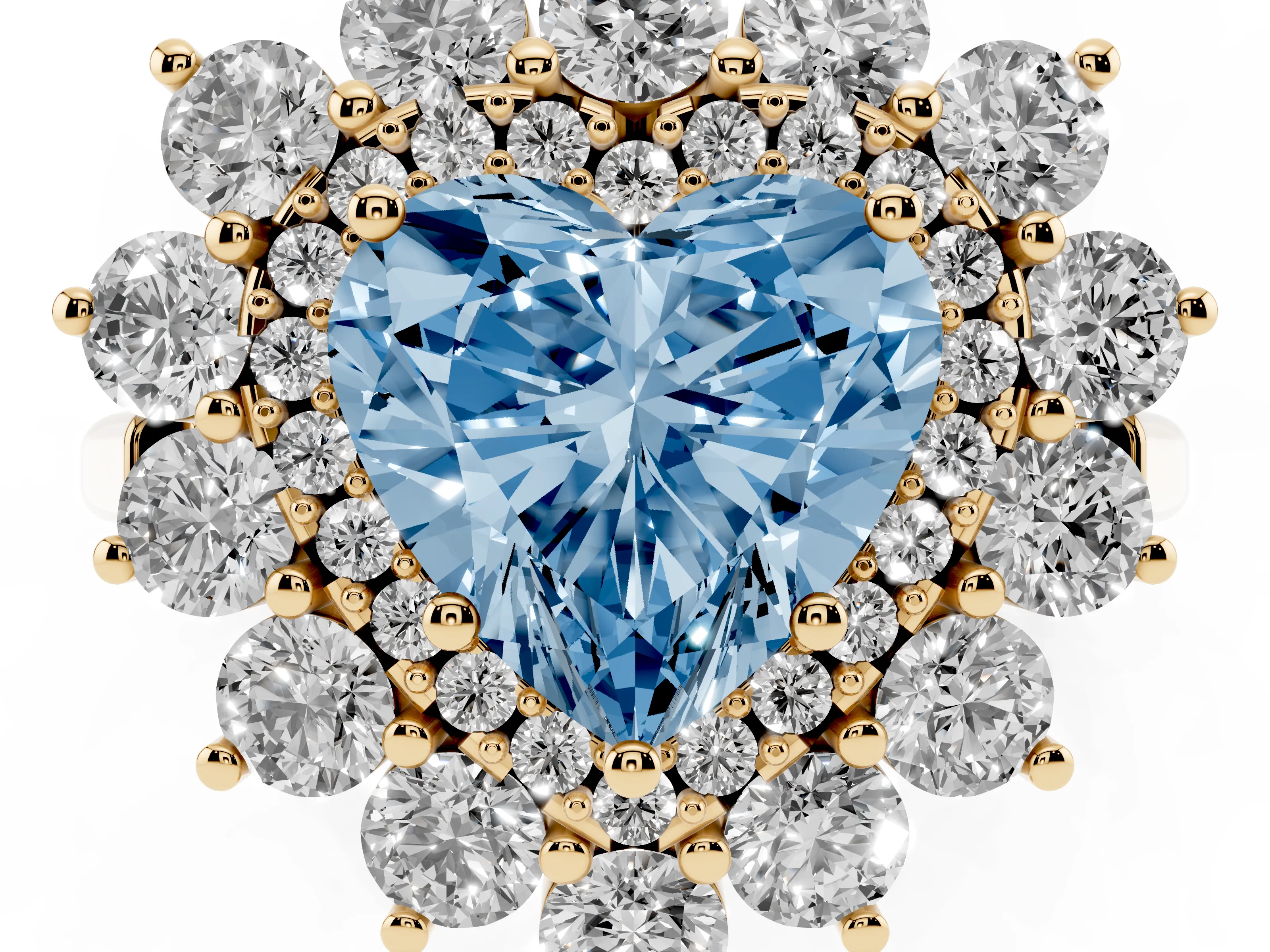Fancy Blue Heart Cut Diamond Floral Double Halo Ring Set in Yellow gold with Round Petals