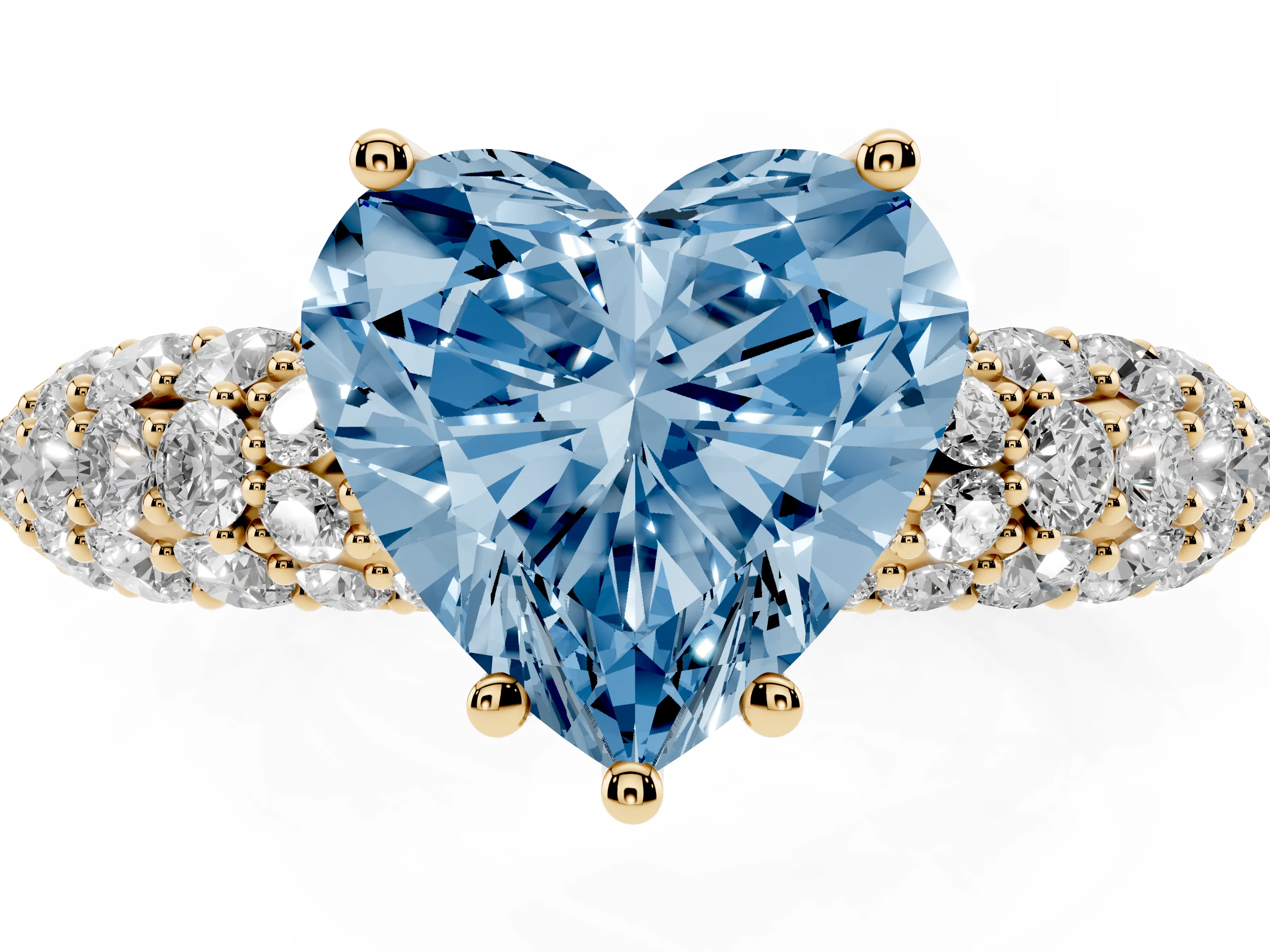 Fancy Blue Heart Cut Diamond Pavé Band Solitaire Ring Set in Yellow gold with Close-Set Accent Stones and Prong Setting