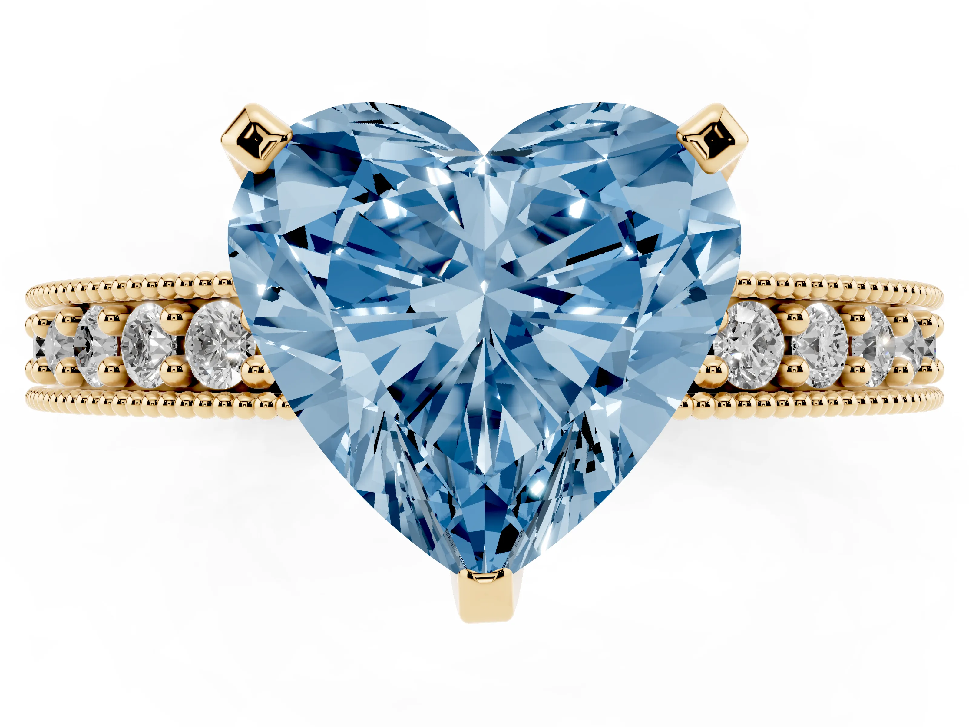 Fancy Blue Heart Cut Diamond Milgrain Pavé Engagement Ring Set in Yellow gold with Prong Setting