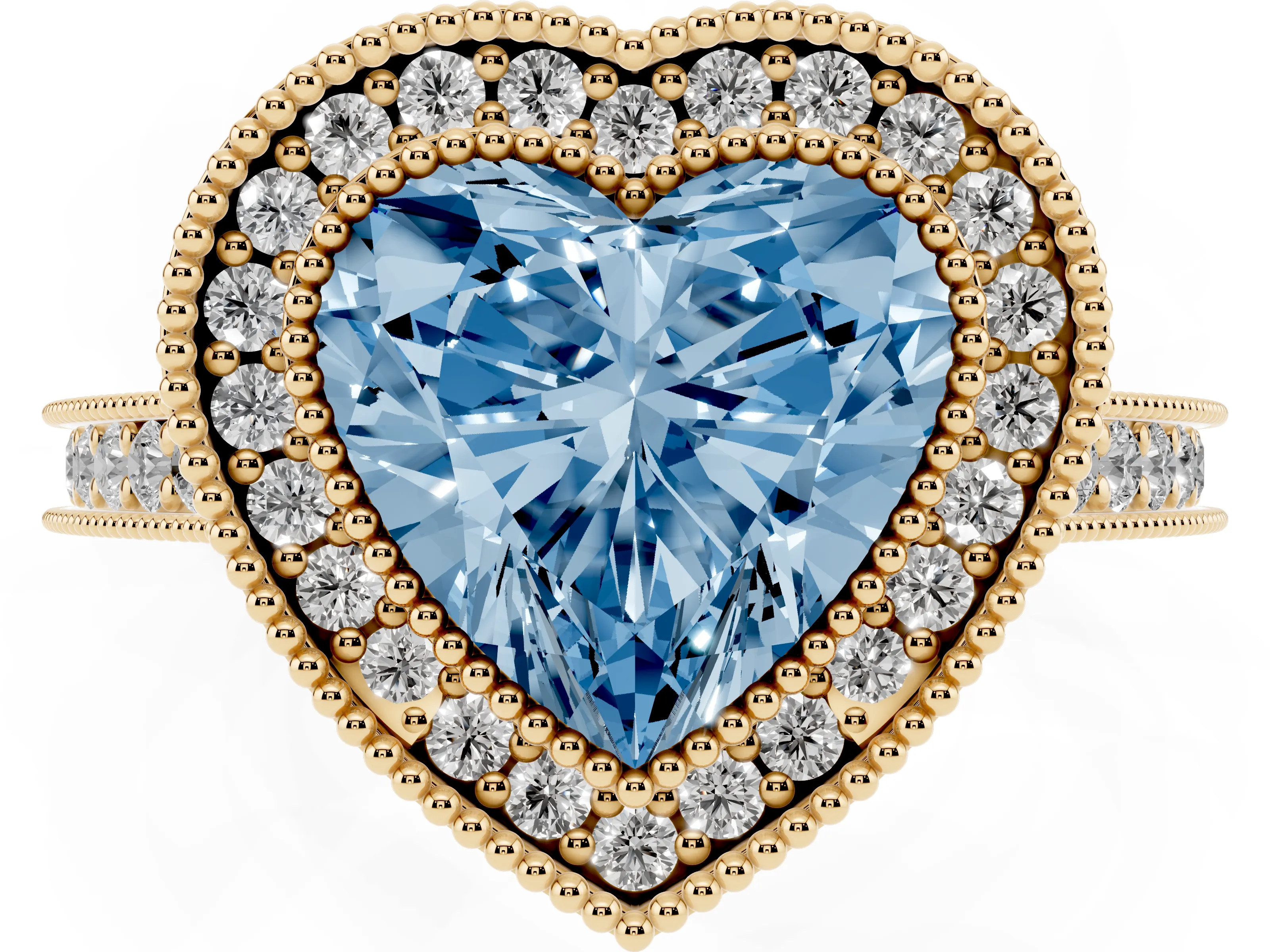 Fancy Blue Heart Cut Diamond Halo Milgrain Pavé Band Ring Set in Yellow gold with Prong Setting
