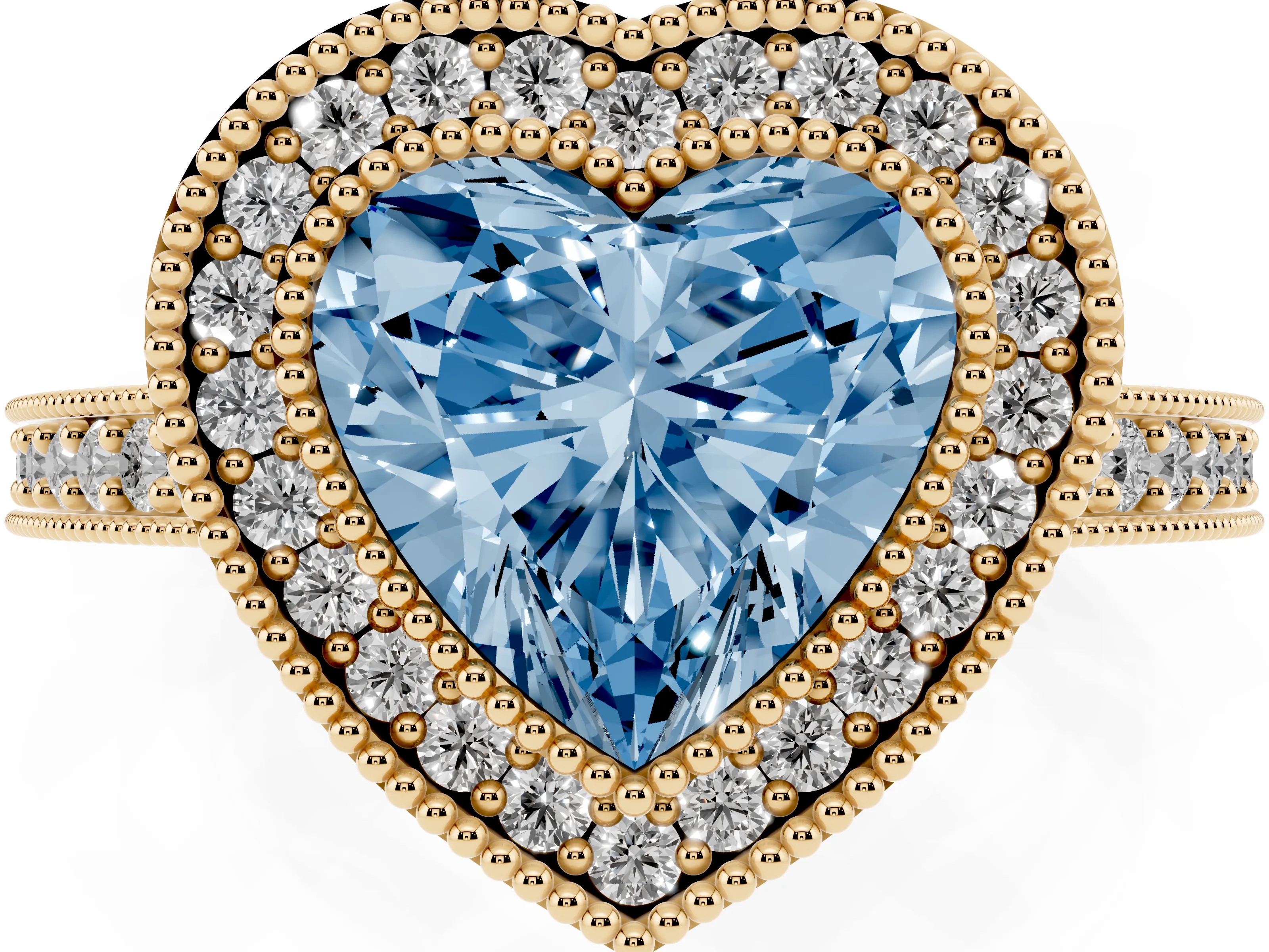 Fancy Blue Heart Cut Diamond Halo Engagement Ring Set in Yellow gold with Pavé Band and Round Halo Stones