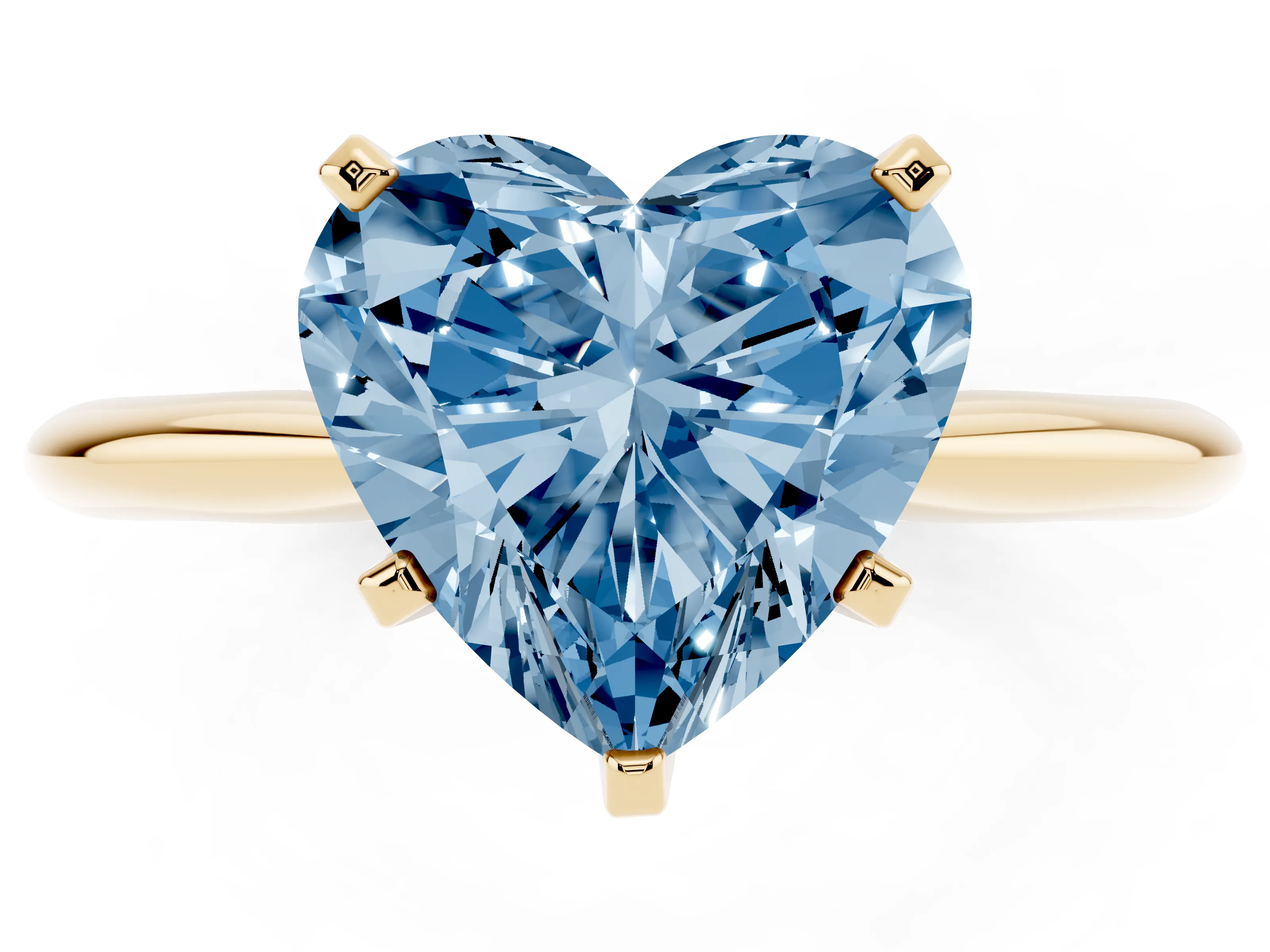 Fancy Blue Heart Cut Diamond Solitaire Ring Set in Yellow gold with Prong Setting on a Plain Round Band