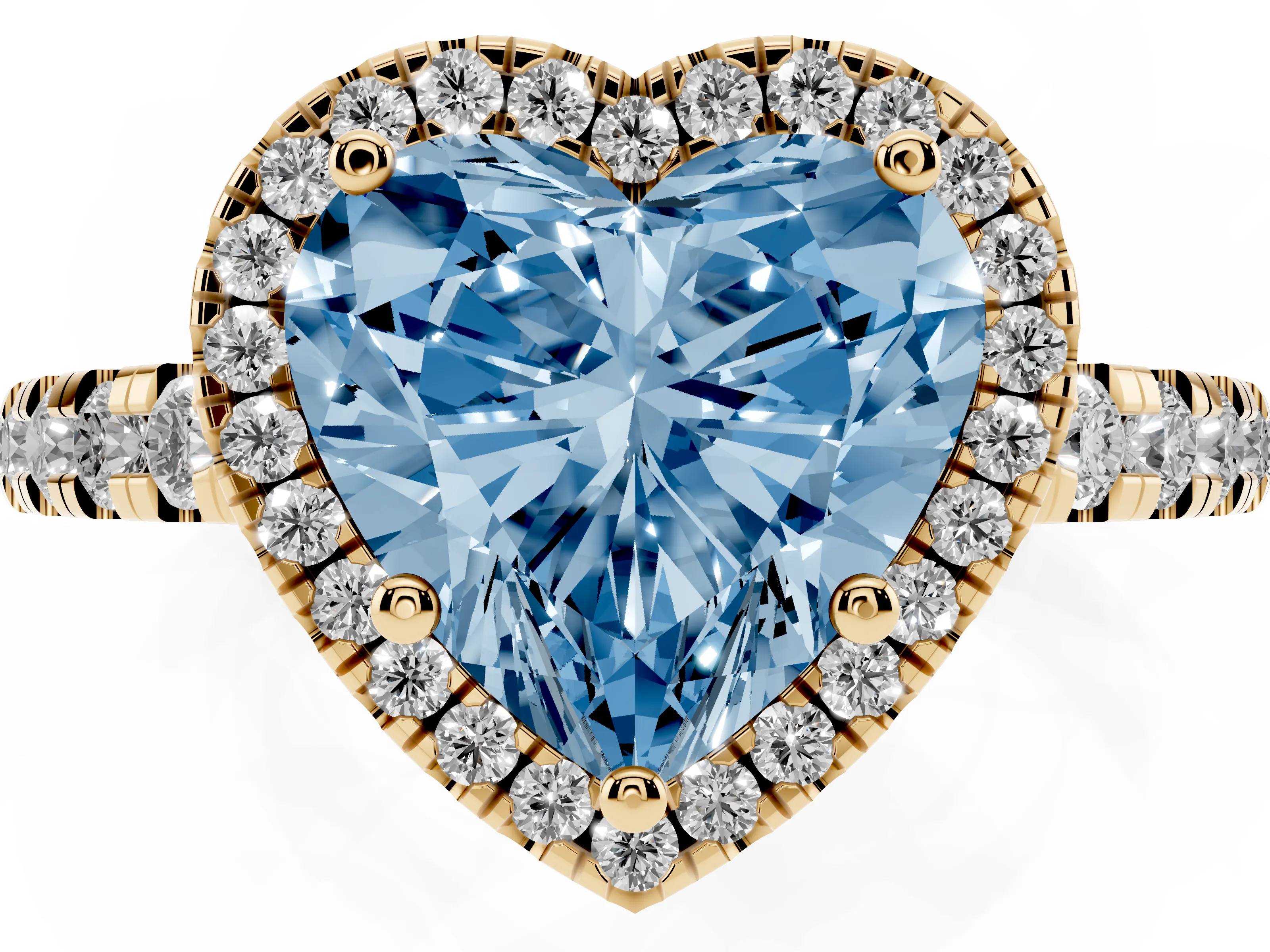 Fancy Blue Heart Cut Diamond Halo Ring Set in Yellow gold with Delicate Pavé Band and Prong Setting