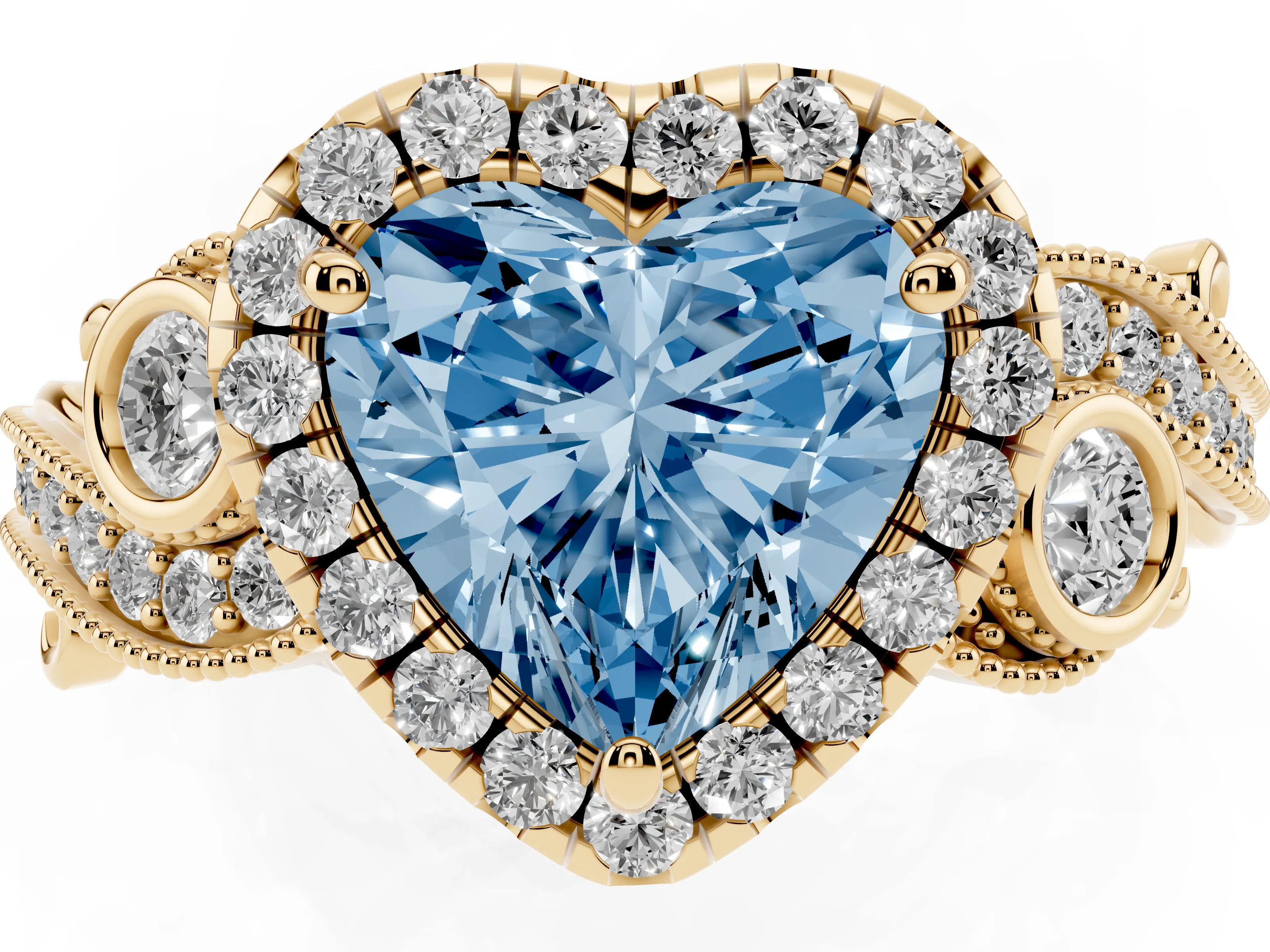 Fancy Blue Heart Cut Diamond Halo Ring Set in Yellow gold with Milgrain Pavé Band and Prong Setting