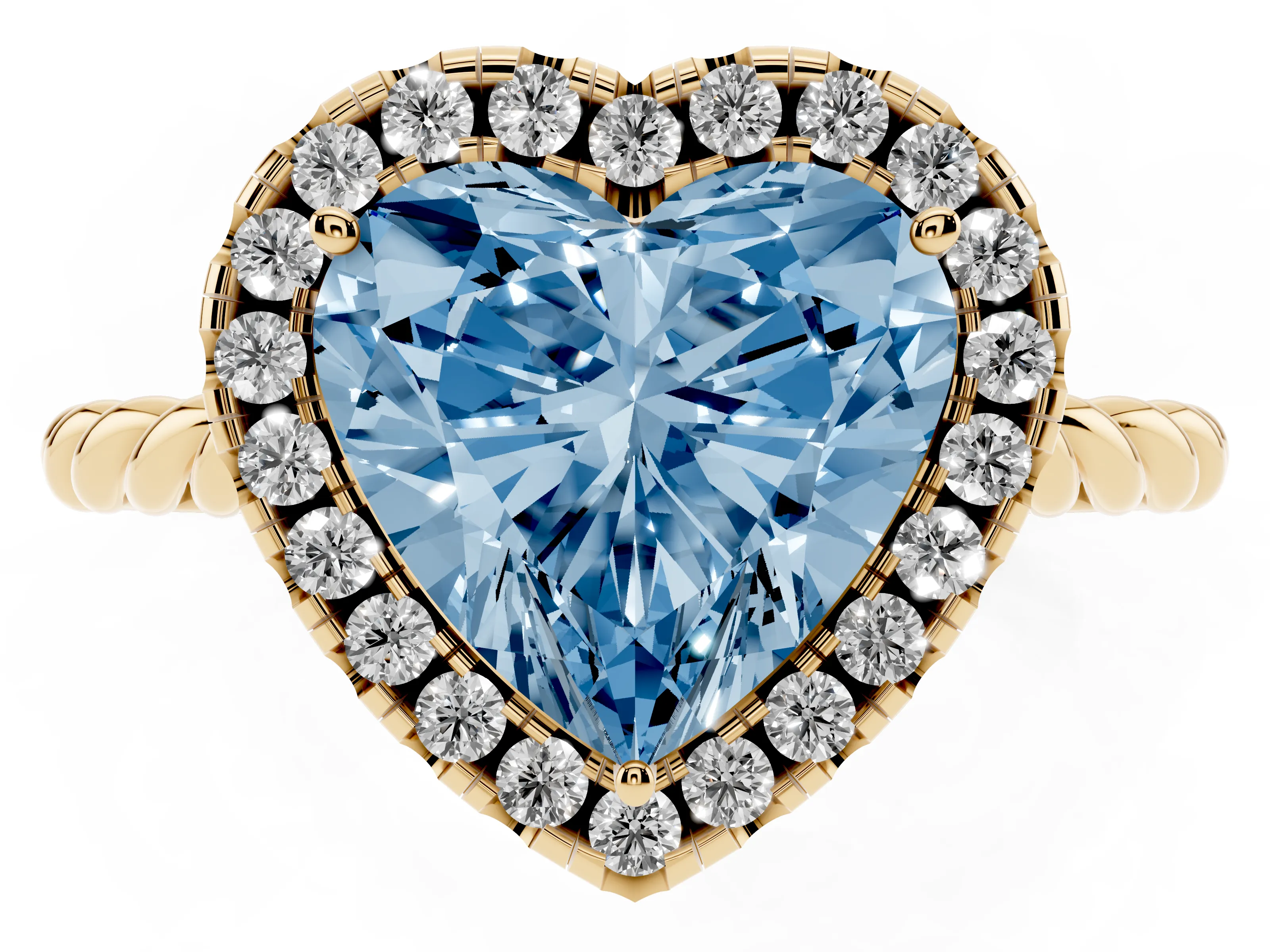 Fancy Blue Heart Cut Diamond Halo Ring Set in Yellow gold with Plain Twisted Band