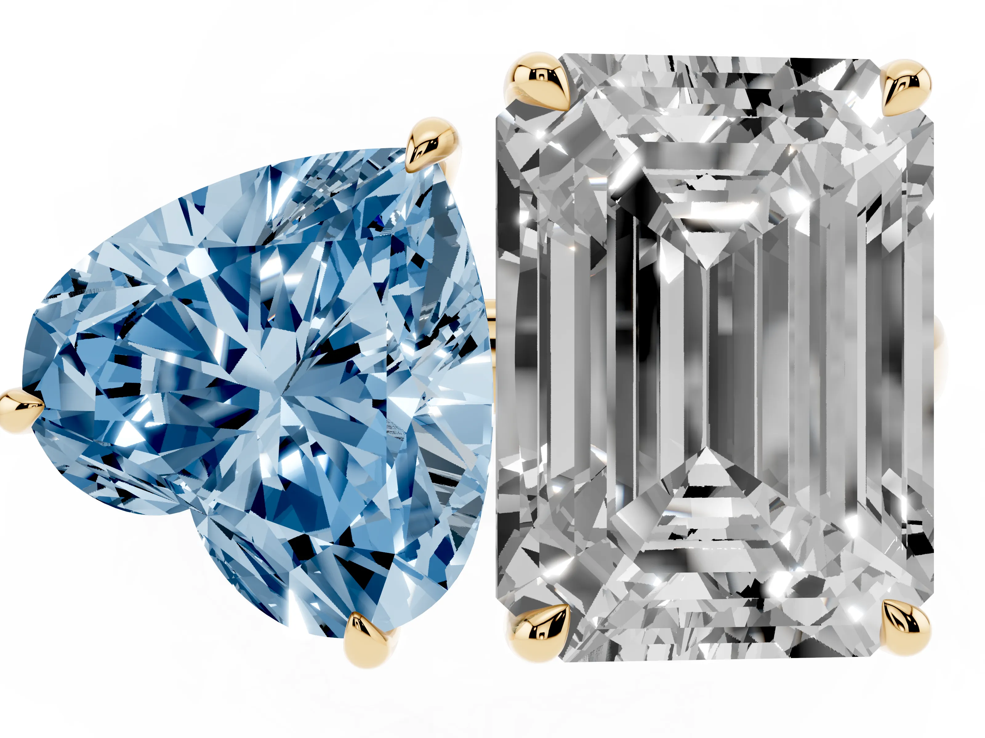 Fancy Blue Heart Cut and Emerald Cut Toi Moi Ring Set in Yellow gold with Prong Setting