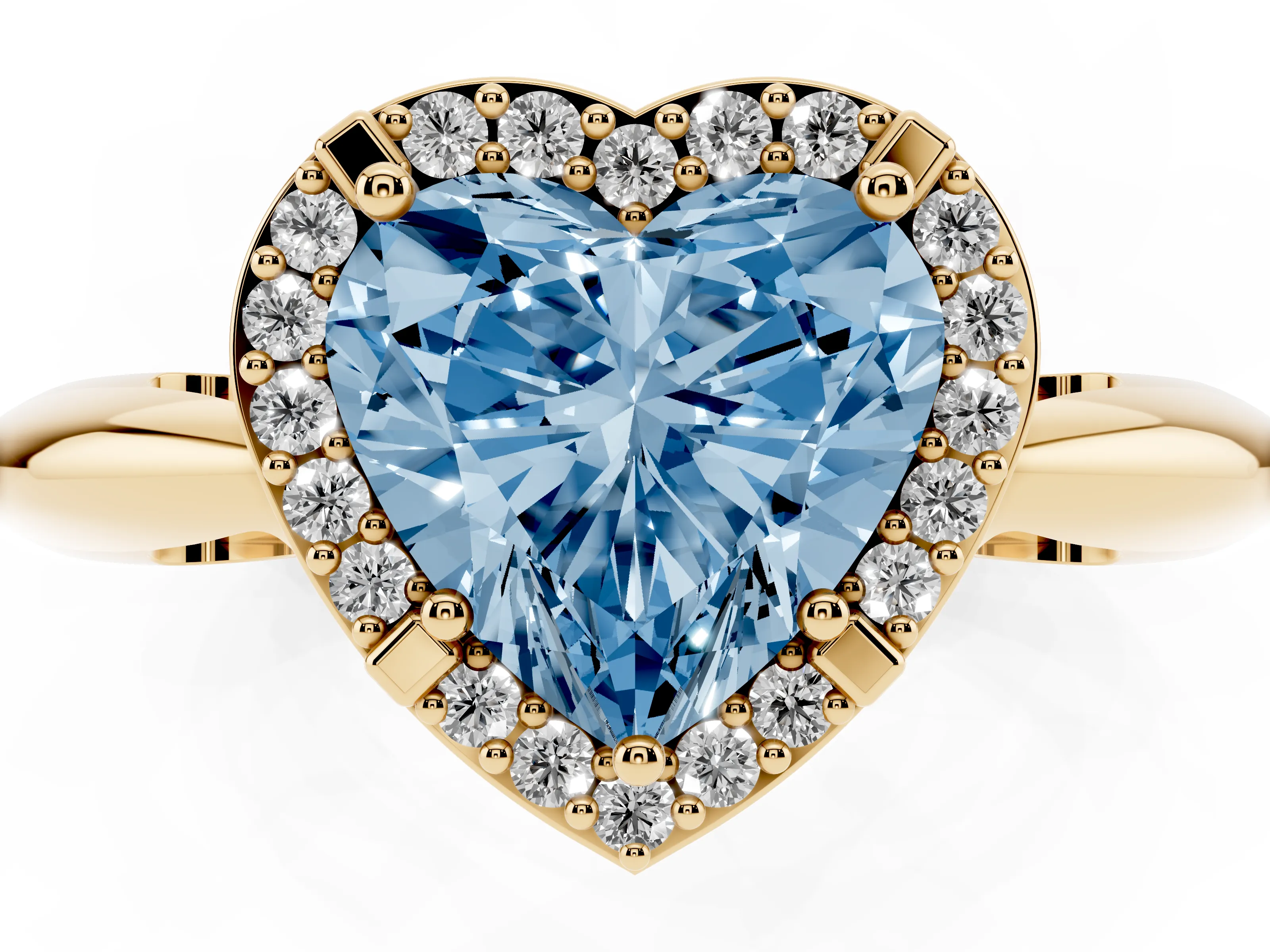 Fancy Blue Heart Cut Diamond Halo Engagement Ring Set in Yellow gold with Plain Split Shank and Prong Setting