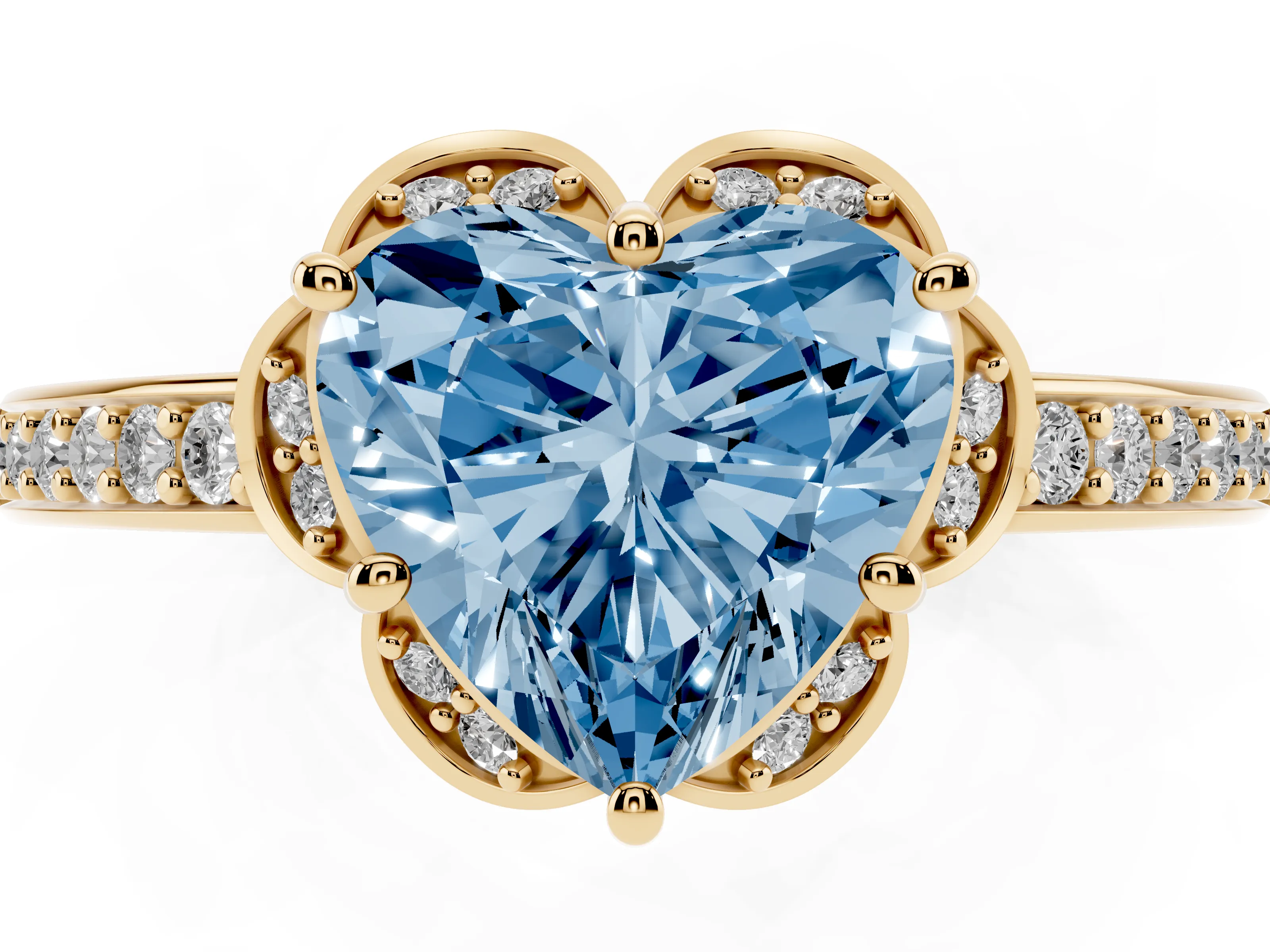 Fancy Blue Heart Cut Diamond Halo Ring Set in Yellow gold with Channel Set Band and Prong Setting