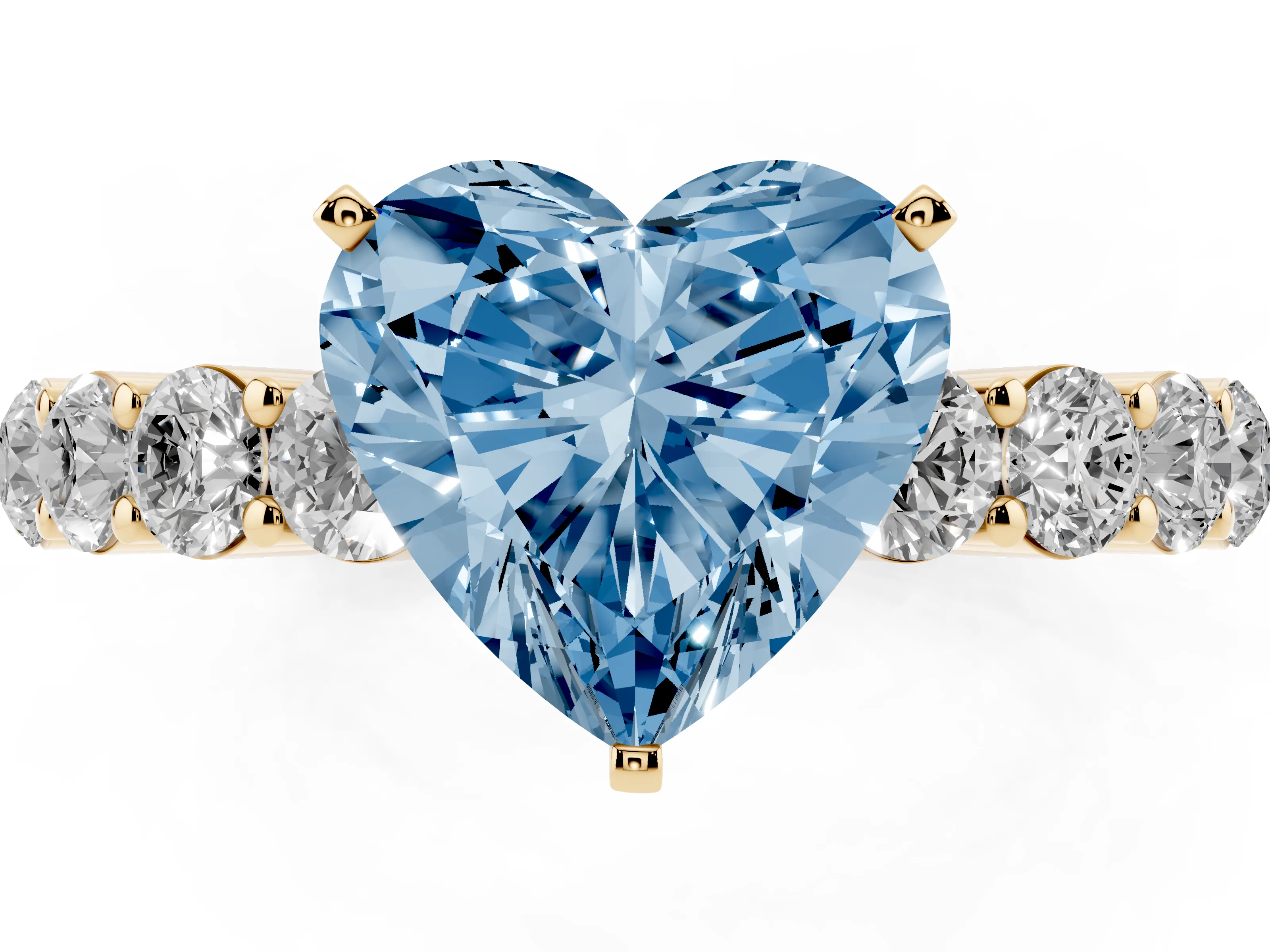 Fancy Blue Heart Cut Diamond Solitaire Ring Set in Yellow gold with Shared Prong Round Side Stones