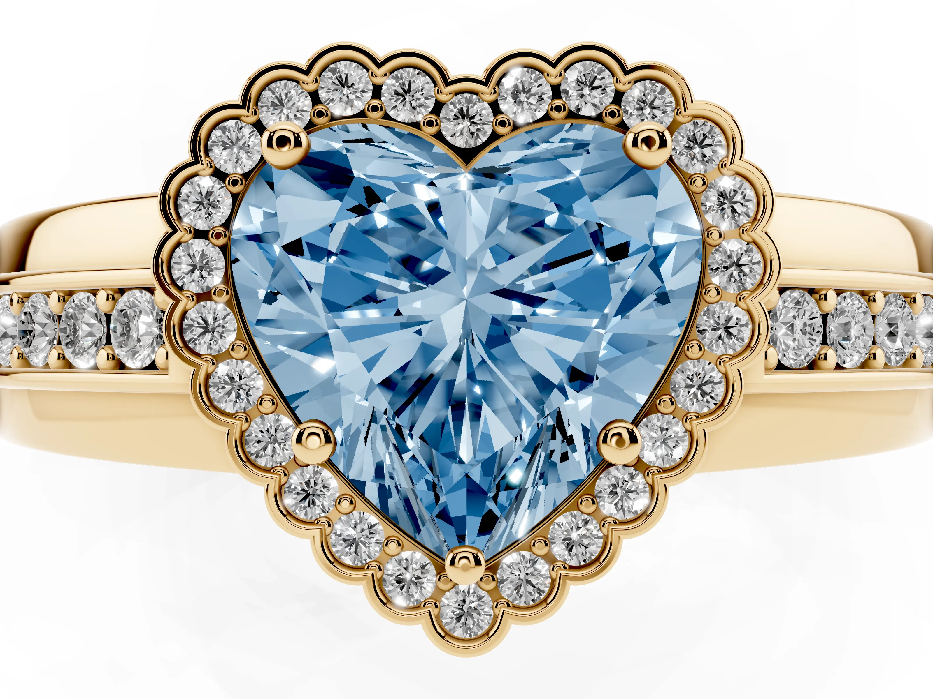 Fancy Blue Heart Cut Diamond Halo Prong Ring Set in Yellow gold with Pavé Band