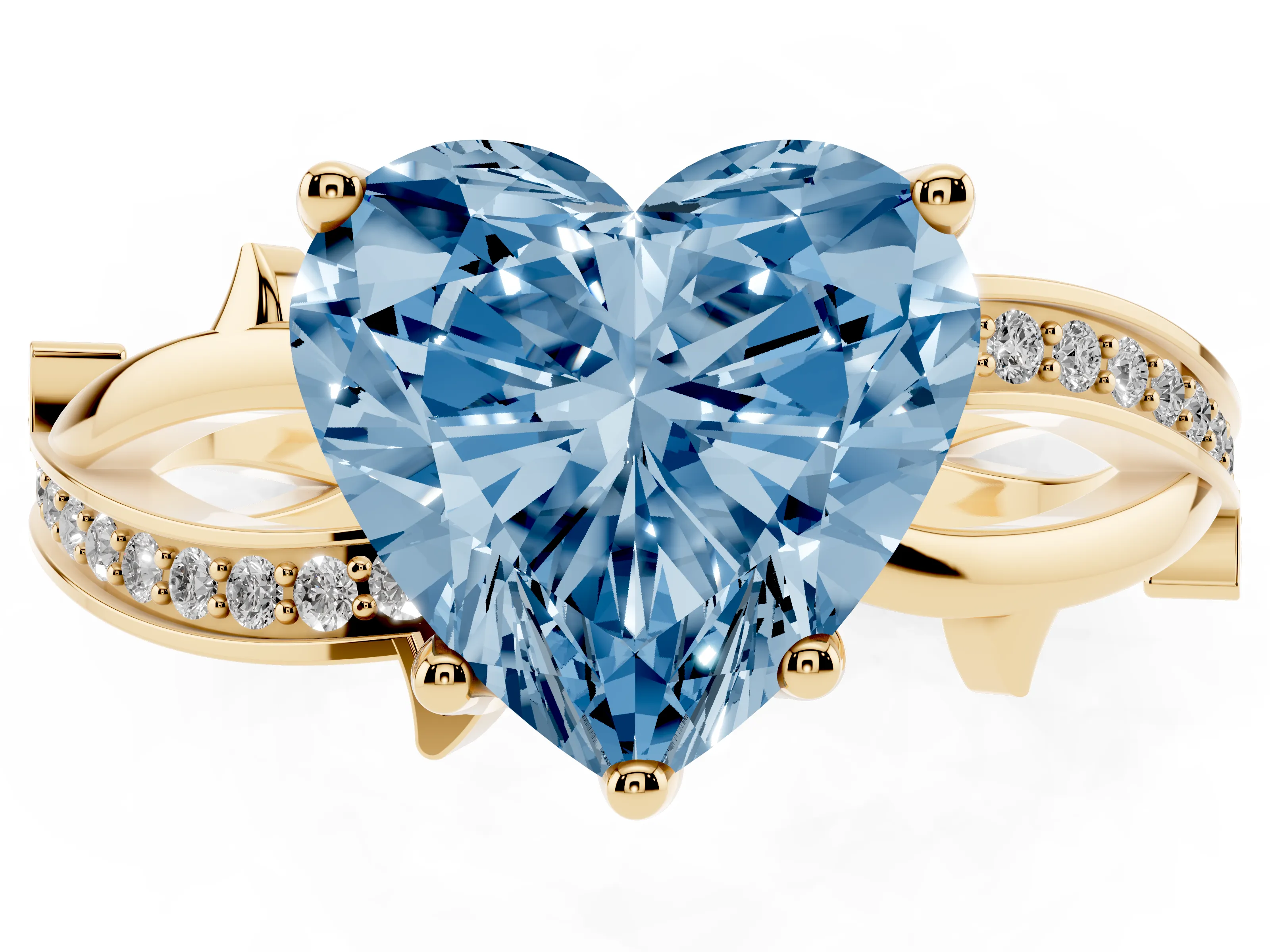 Fancy Blue Heart Cut Diamond Pavé Twist Band Solitaire Ring Set in Yellow gold with Prong Setting