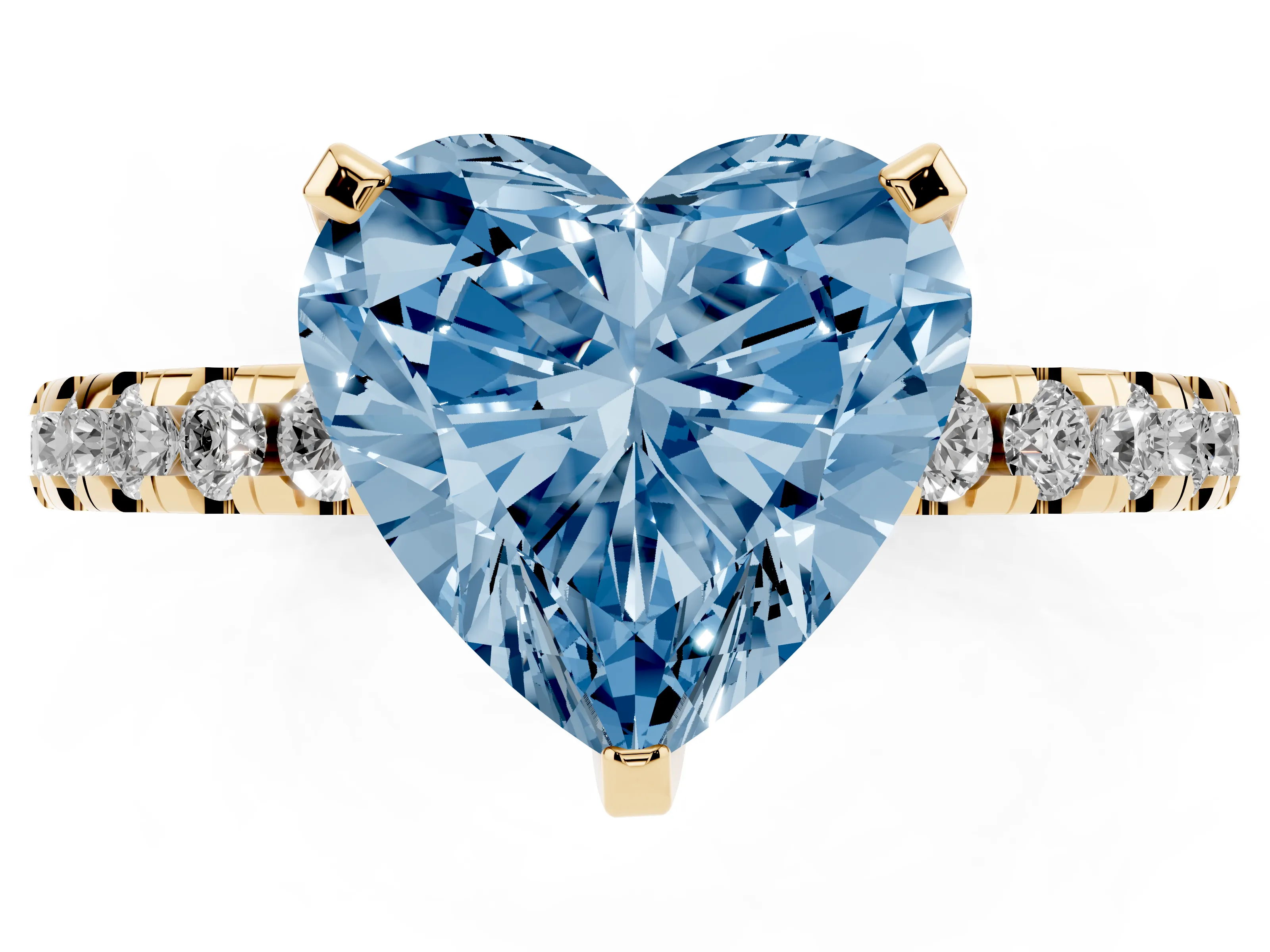 Fancy Blue Heart Cut Diamond Pavé Solitaire Ring Set in Yellow gold with Round Band Accents and Prong Setting