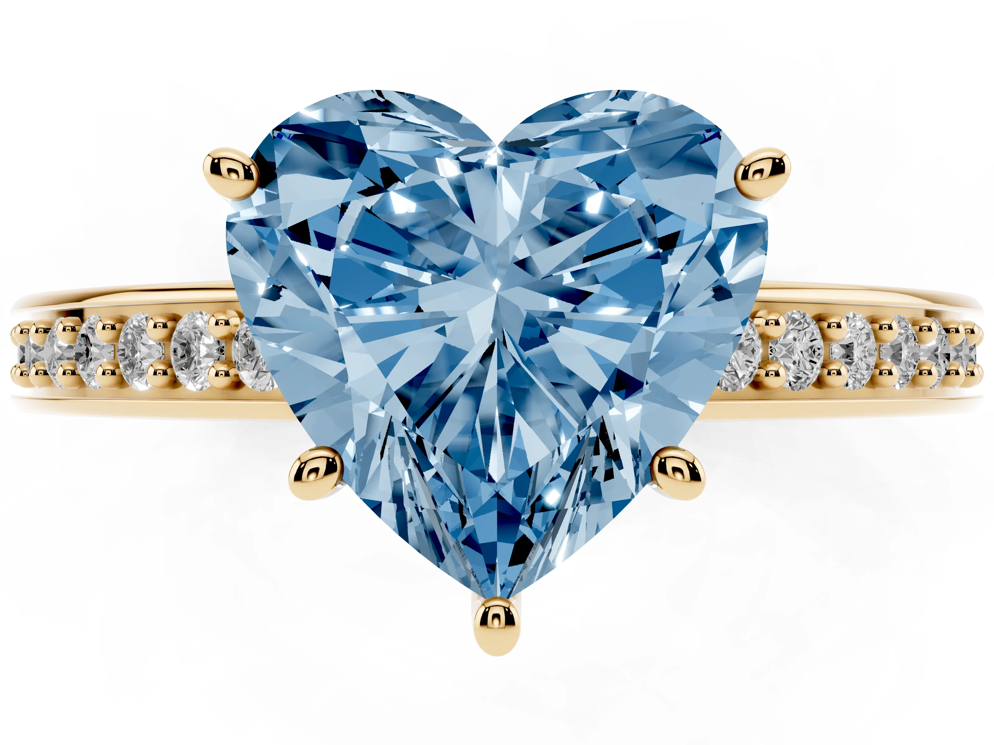 Fancy Blue Heart Cut Diamond Pavé Band Prong Set Solitaire Ring Set in Yellow gold