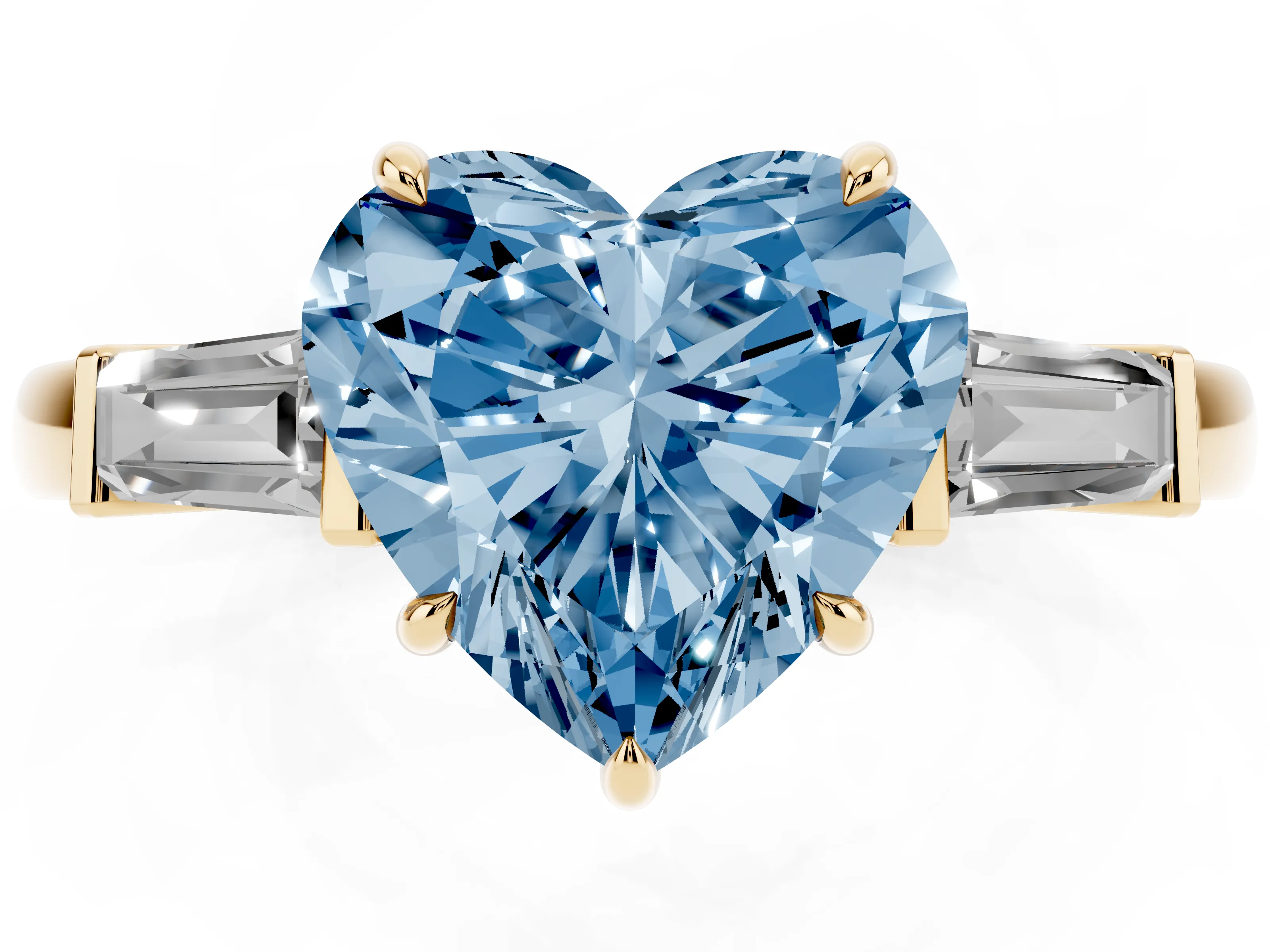 Fancy Blue Heart Cut Diamond Three-Stone Ring Set in Yellow gold with Tapered Baguette Side Stones and Prong Setting