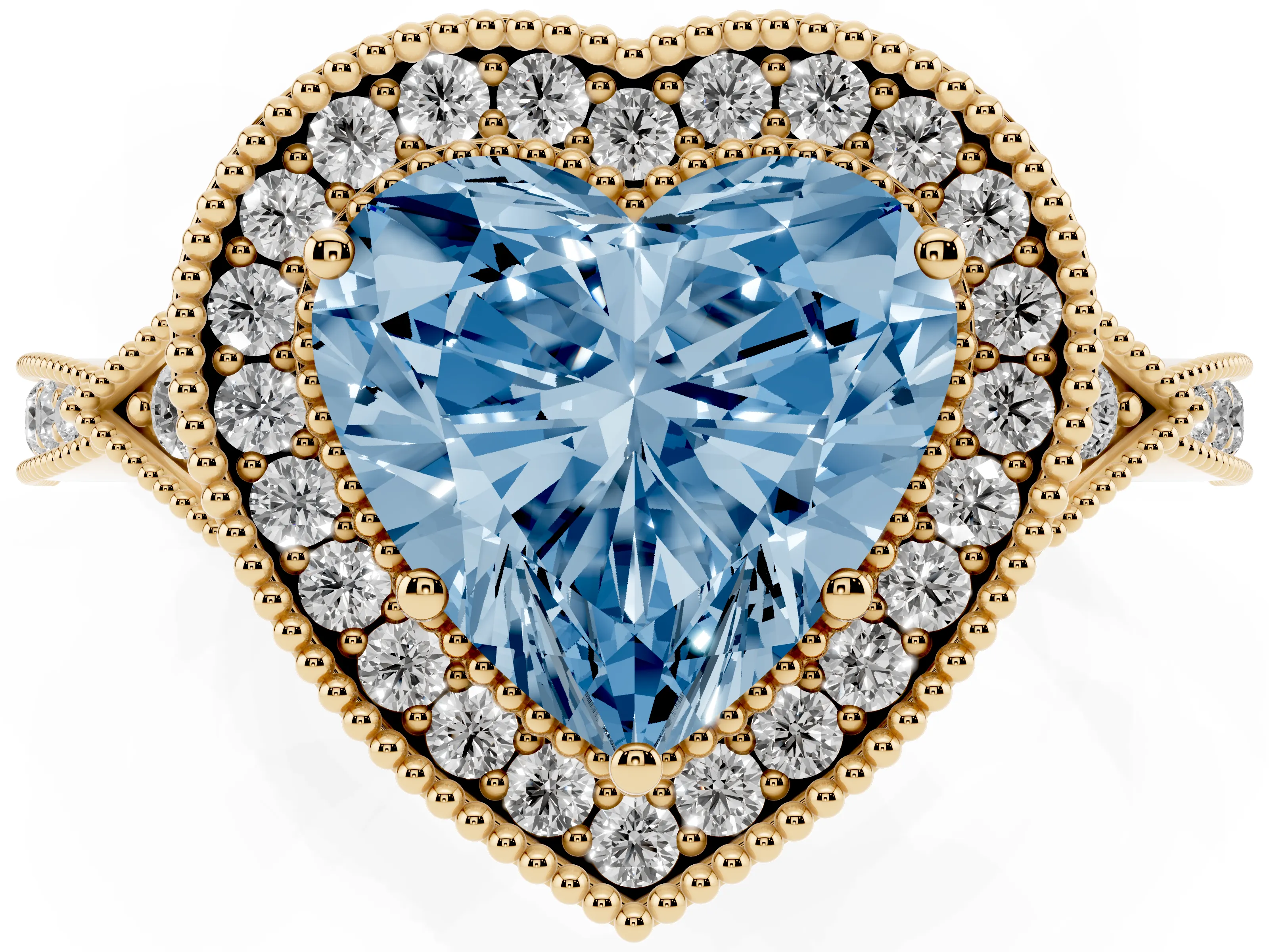 Fancy Blue Heart Cut Diamond Halo Engagement Ring Set in Yellow gold with Milgrain Pavé Band