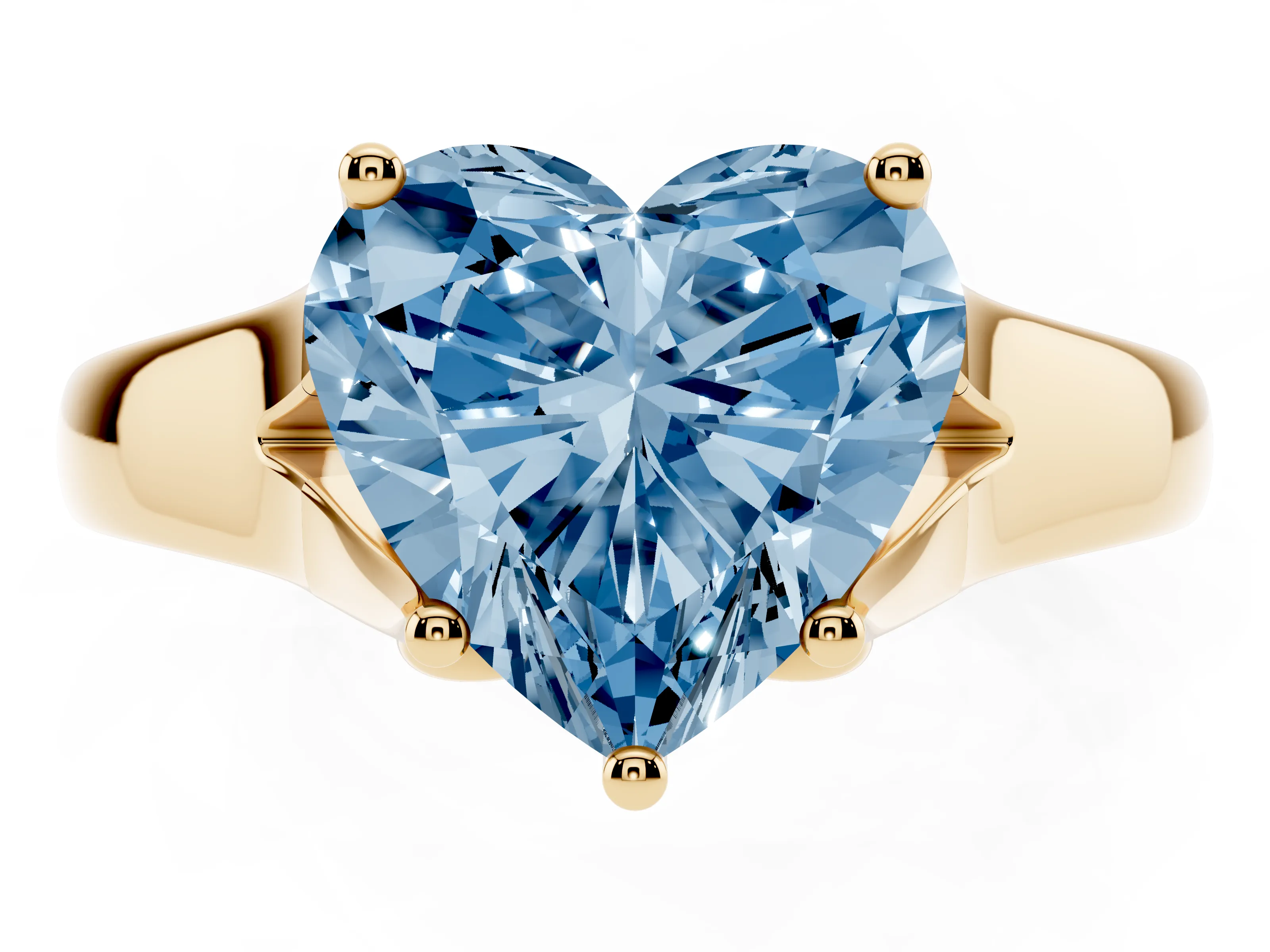 Fancy Blue Heart Cut Diamond Solitaire Ring Set in Yellow gold with Arched Cathedral Band and Prong Setting