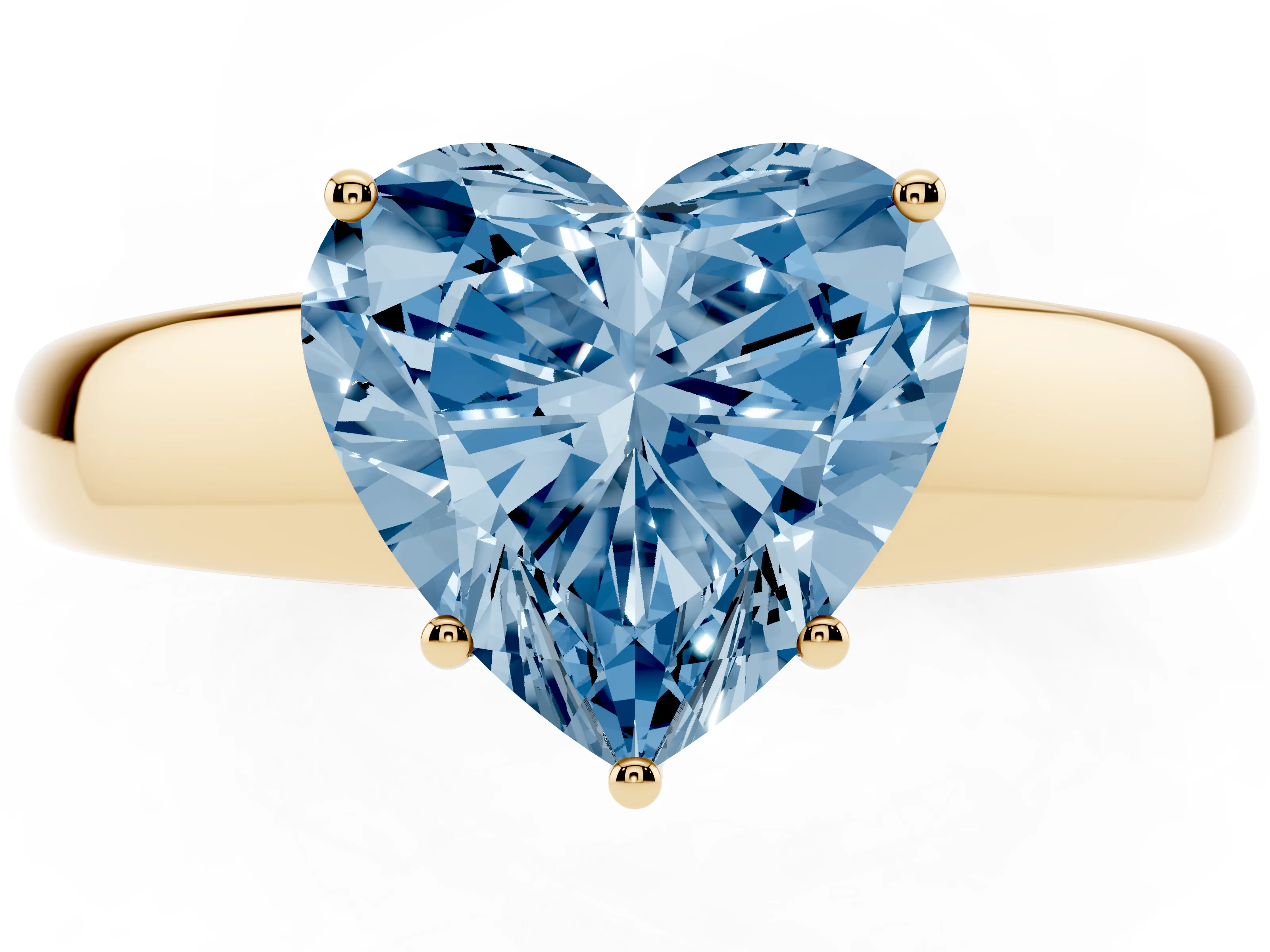 Fancy Blue Heart Cut Diamond Solitaire Ring Set in Yellow gold with Tapered Band and Prong Setting