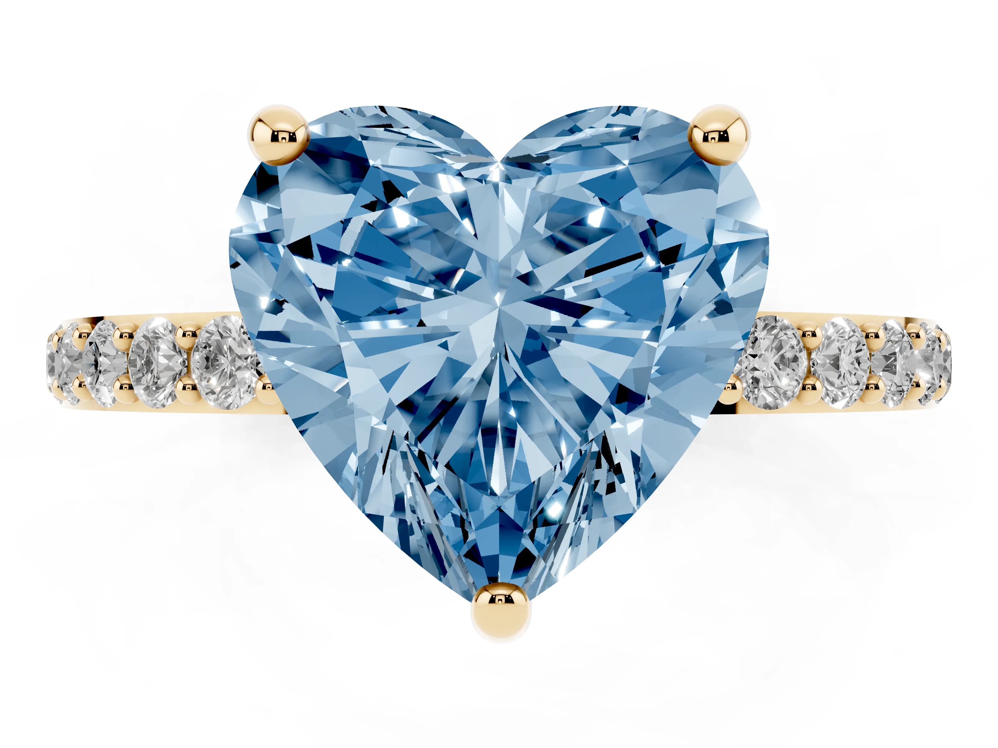 Fancy Blue Heart Cut Diamond Solitaire Ring Set in Yellow gold with Round Pavé Band and Prong Setting