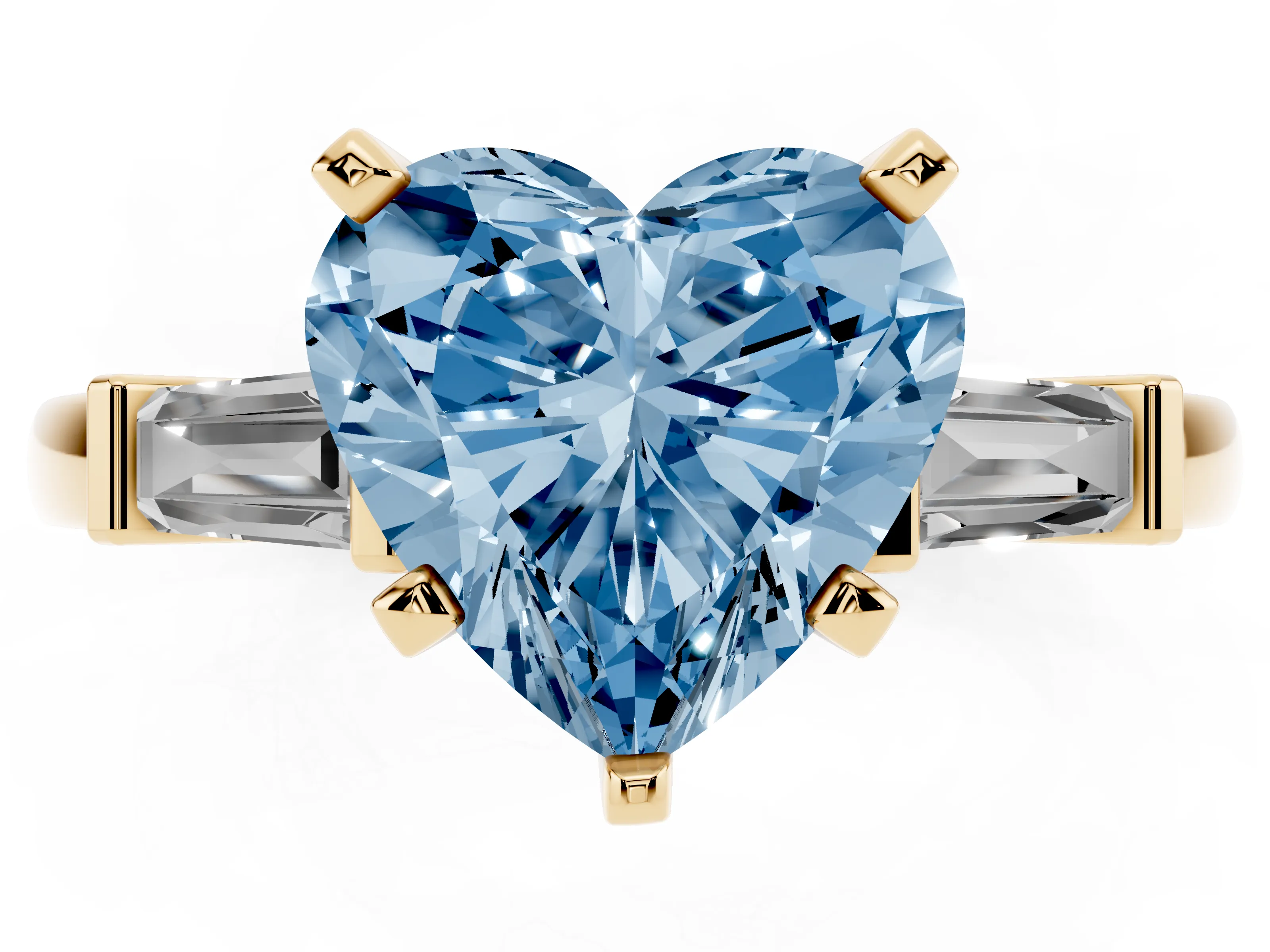 Fancy Blue Heart Cut Diamond Solitaire Ring Set in Yellow gold with Tapered Baguette Accents and Prong Setting