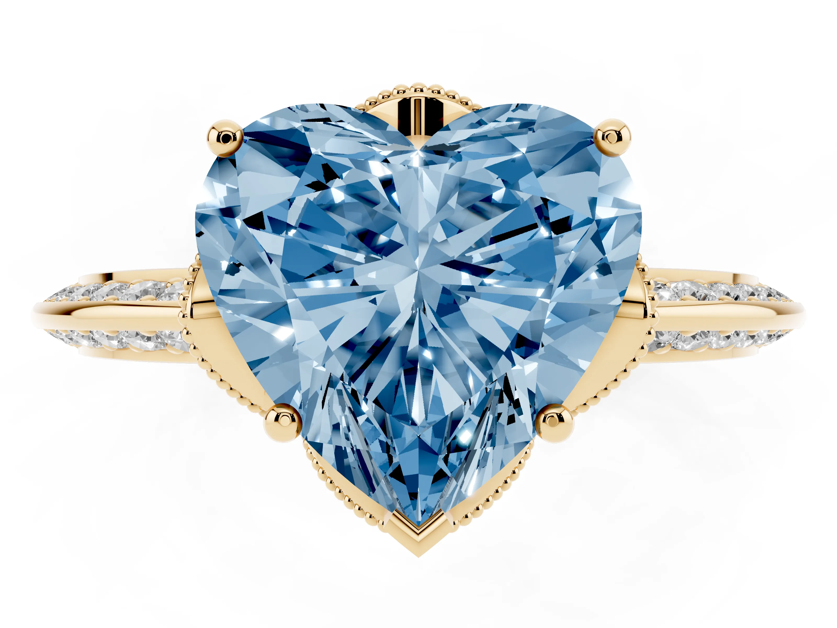 Fancy Blue Heart Cut Diamond Solitaire Engagement Ring Set in Yellow gold with Pavé Split Shank and Prong Setting