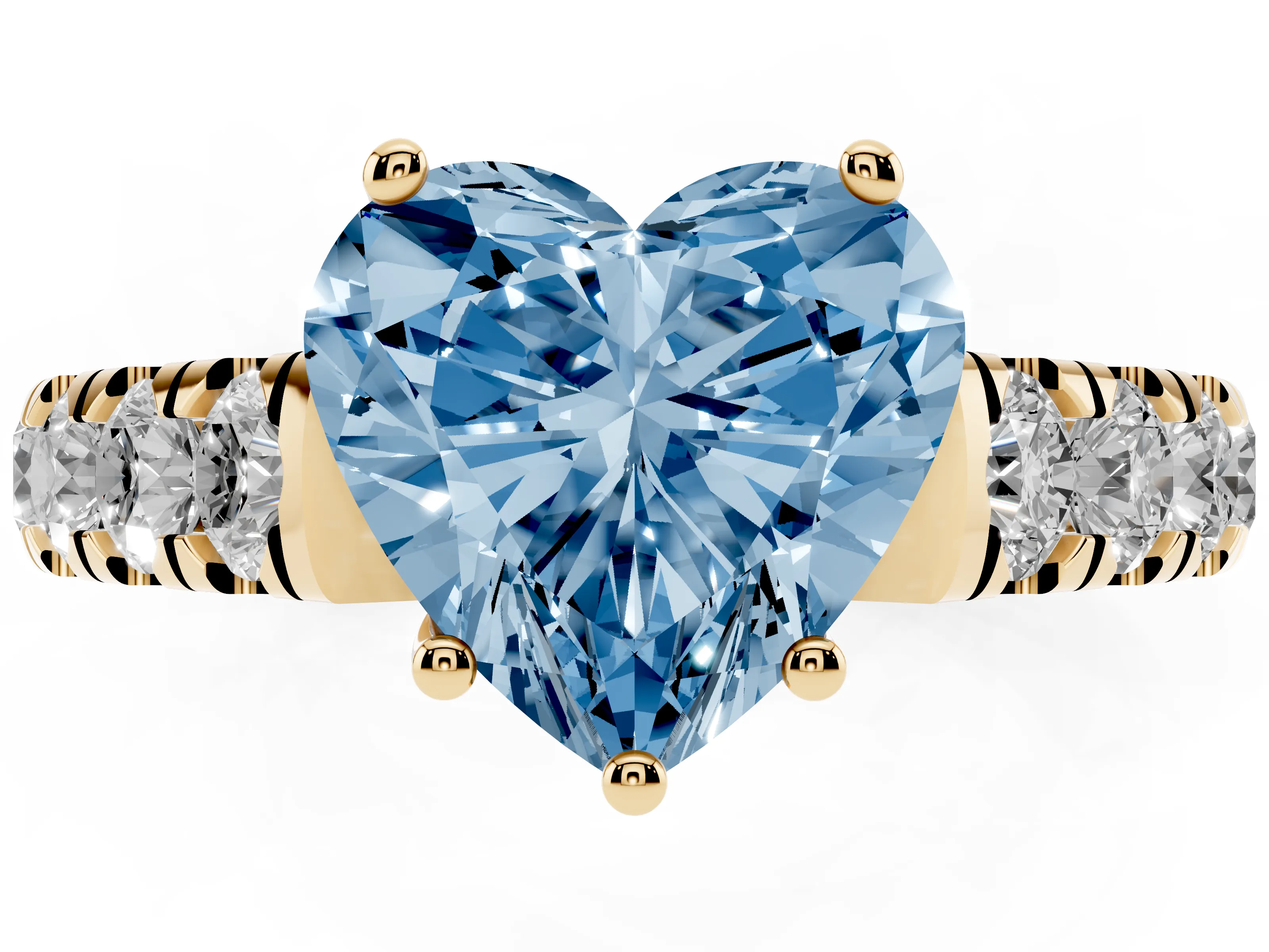 Fancy Blue Heart Cut Diamond Solitaire Ring Set in Yellow gold with Cut-Down Micro Pavé Band and Prong Setting