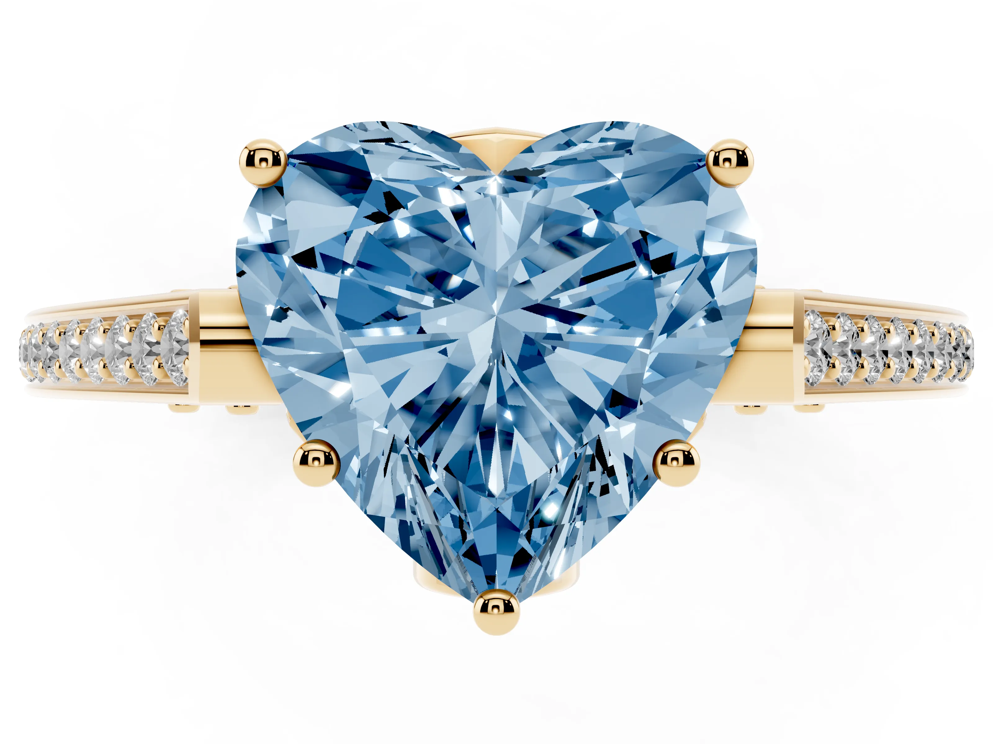 Fancy Blue Heart Cut Diamond Cathedral Pavé Engagement Ring Set in Yellow gold with Prong Setting