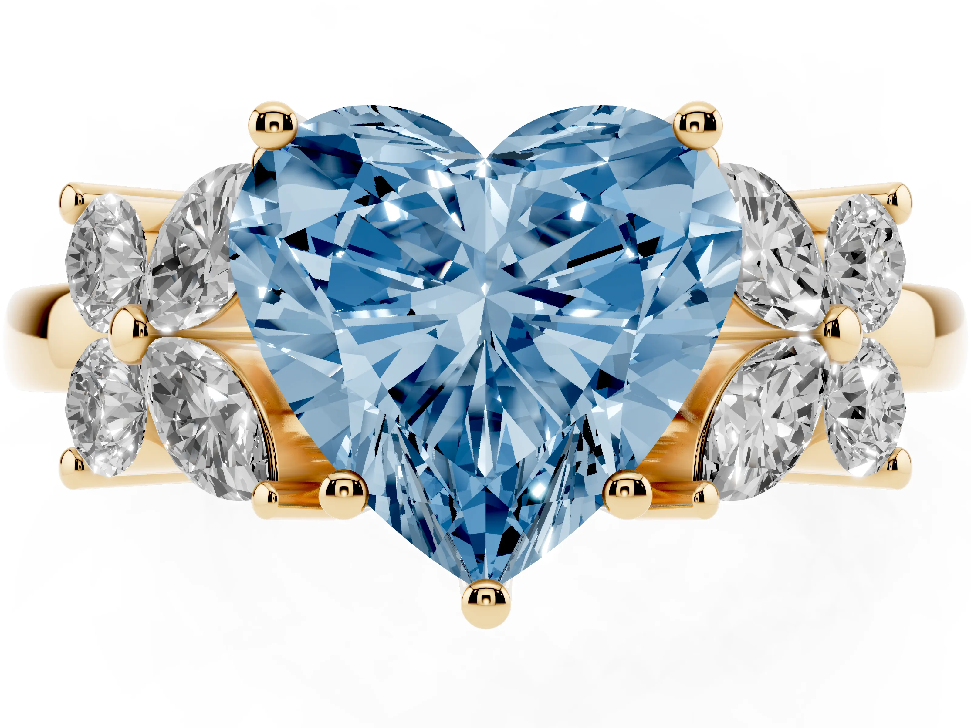 Fancy Blue Heart Cut Diamond Floral Cluster Ring Set in Yellow gold with Marquise Petals and Prong Setting