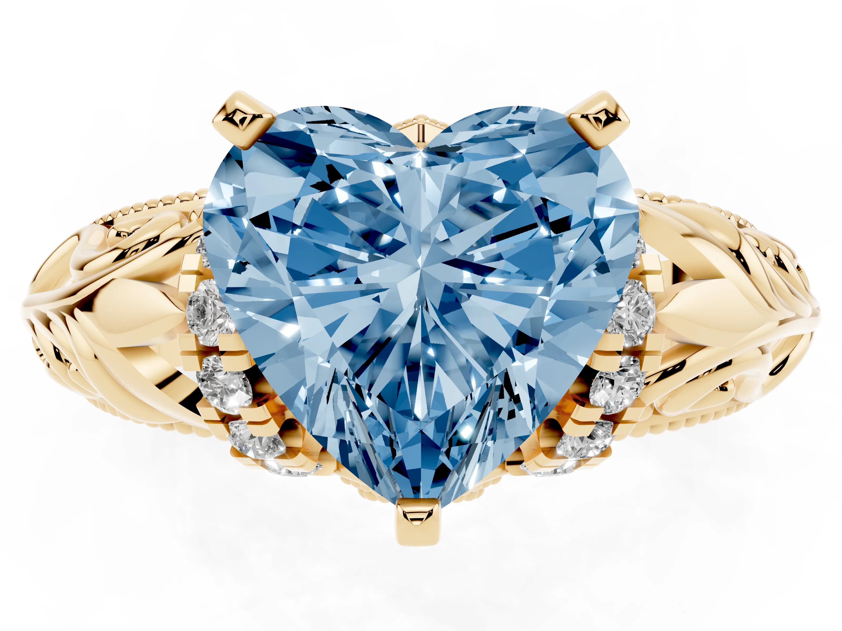 Fancy Blue Heart Cut Diamond Filigree Halo Engagement Ring Set in Yellow gold with Prong Setting