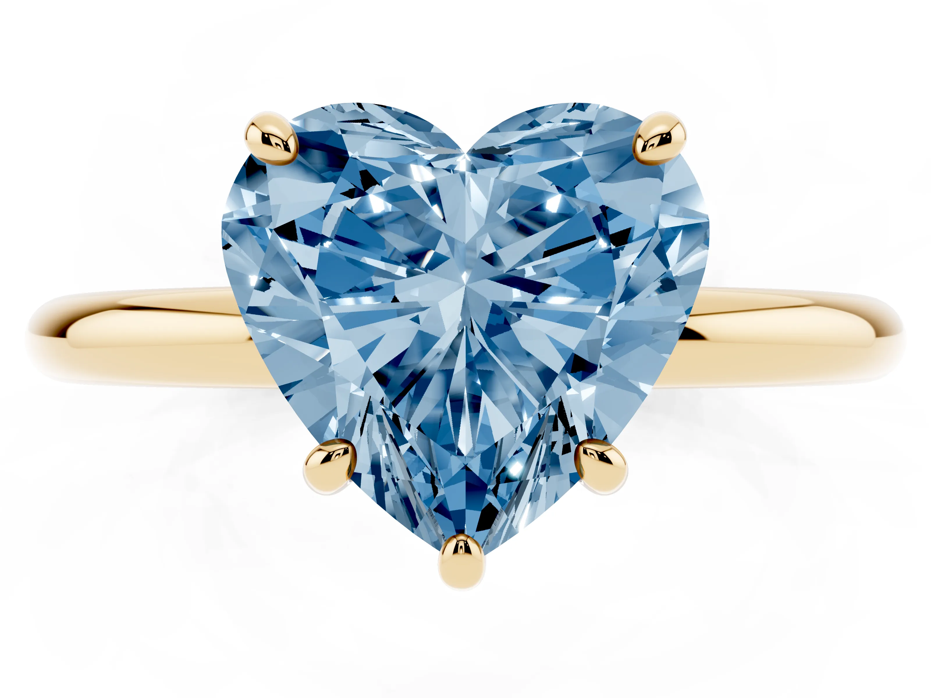 Fancy Blue Heart Cut Diamond Solitaire Ring Set in Yellow gold with Prong Setting on a Polished Plain Band