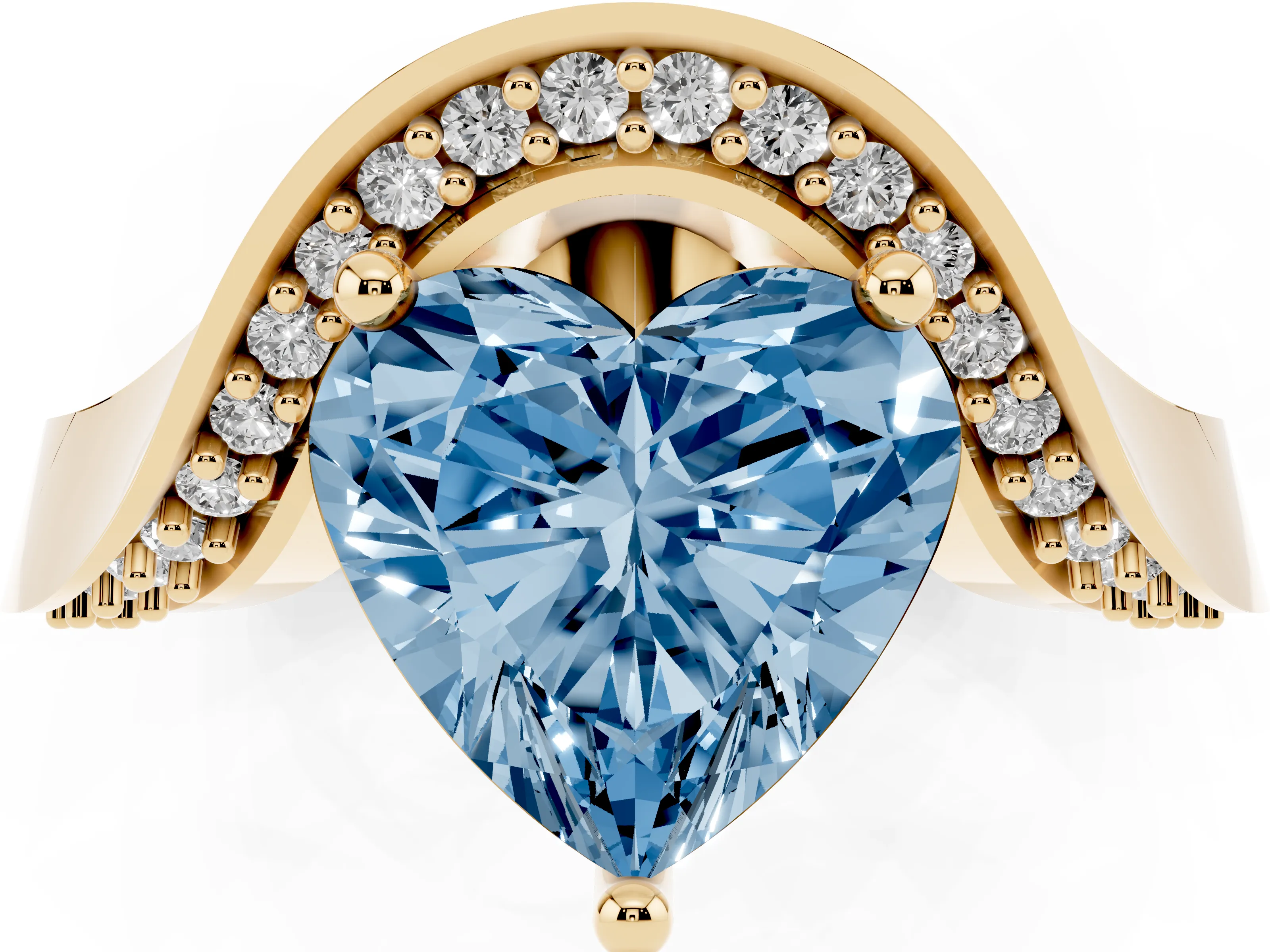 Fancy Blue Heart Cut Diamond Solitaire Engagement Ring Set in Yellow gold with Pavé Shoulders