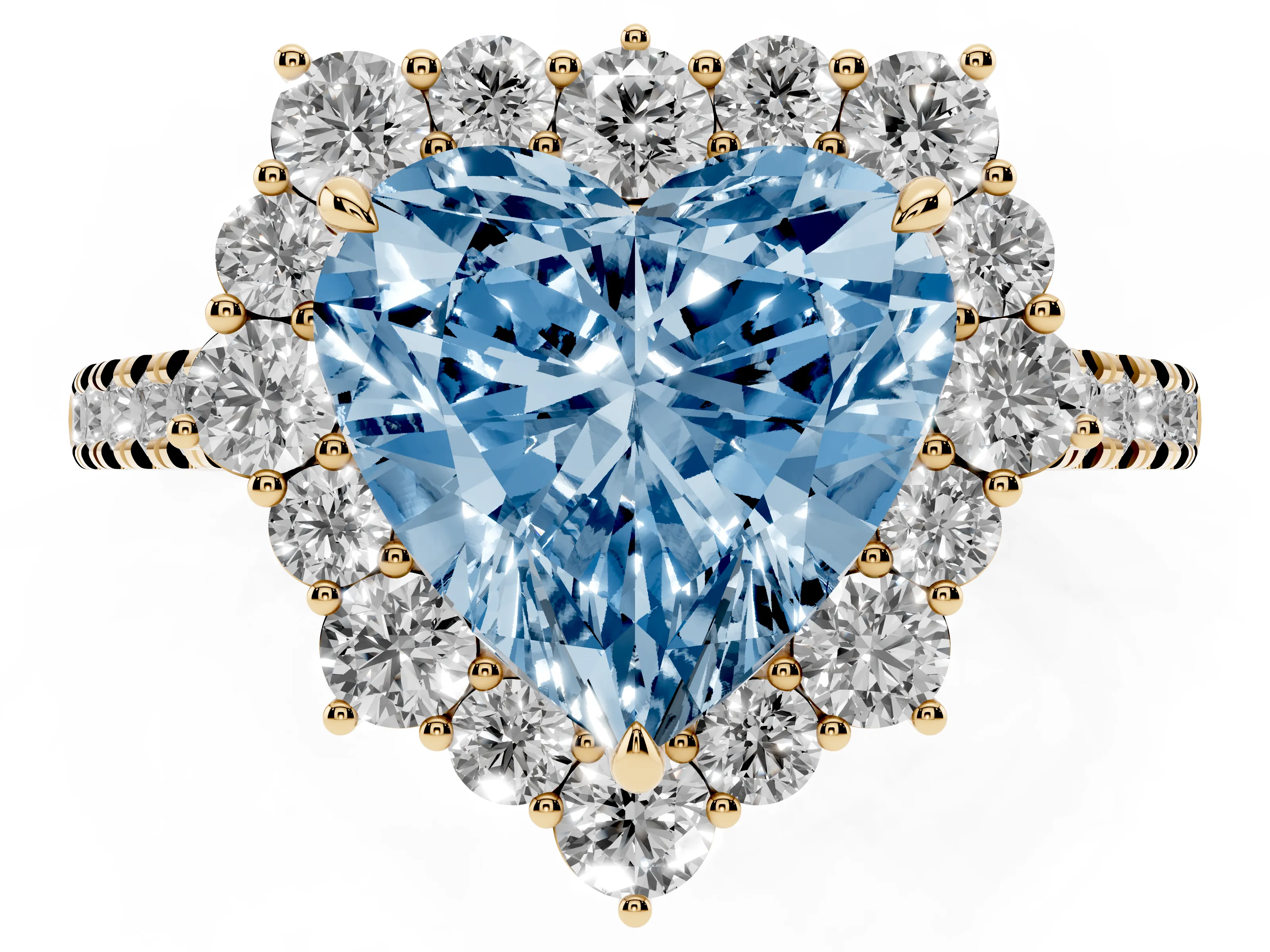 Fancy Blue Heart Cut Diamond Halo Ring Set in Yellow gold with Pavé Band and Prong Setting