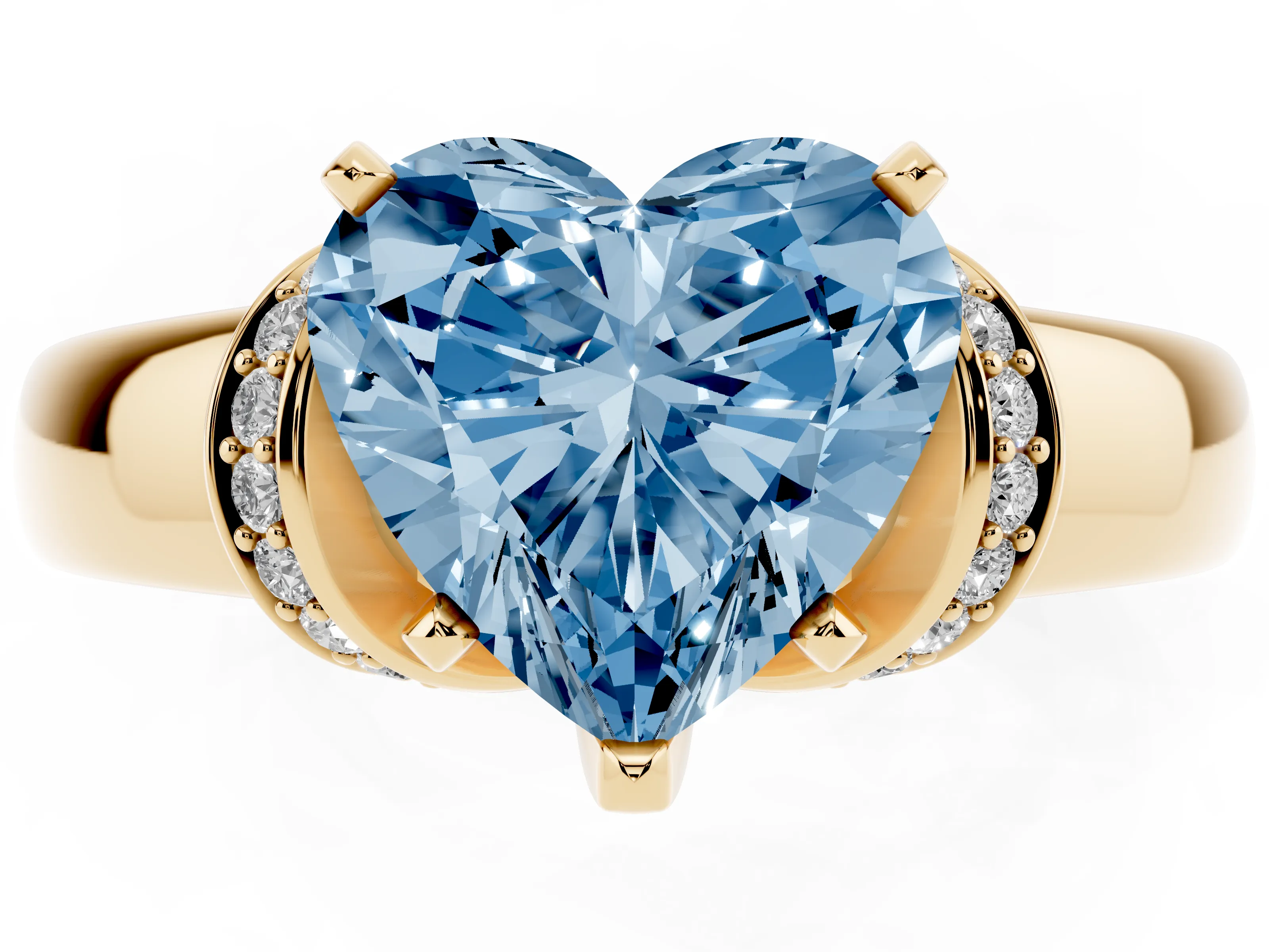 Fancy Blue Heart Cut Diamond Pavé Band Solitaire Ring Set in Yellow gold with Prong Setting