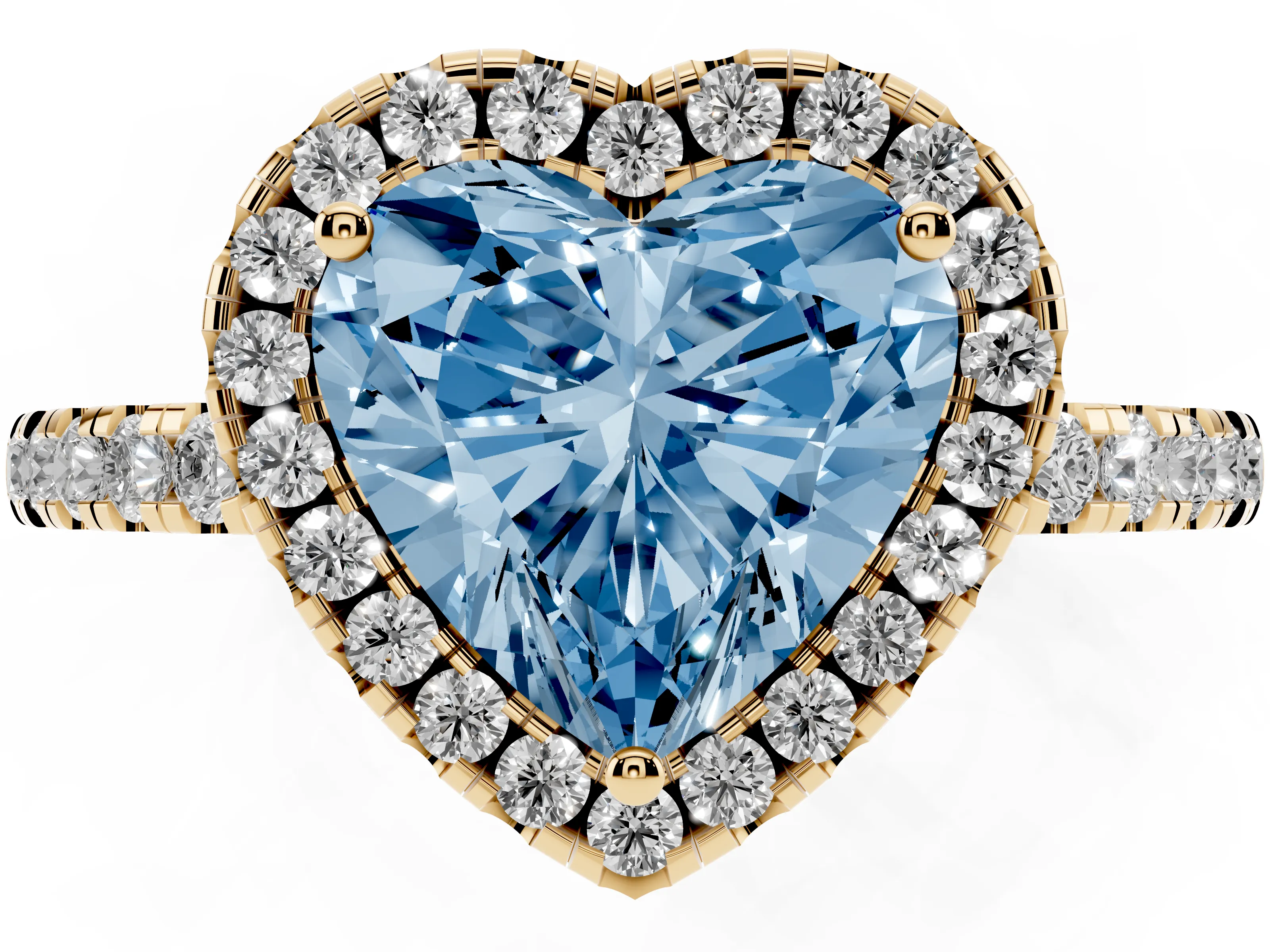 Fancy Blue Heart Cut Diamond Pavé Band Halo Engagement Ring Set in Yellow gold with Prong Setting
