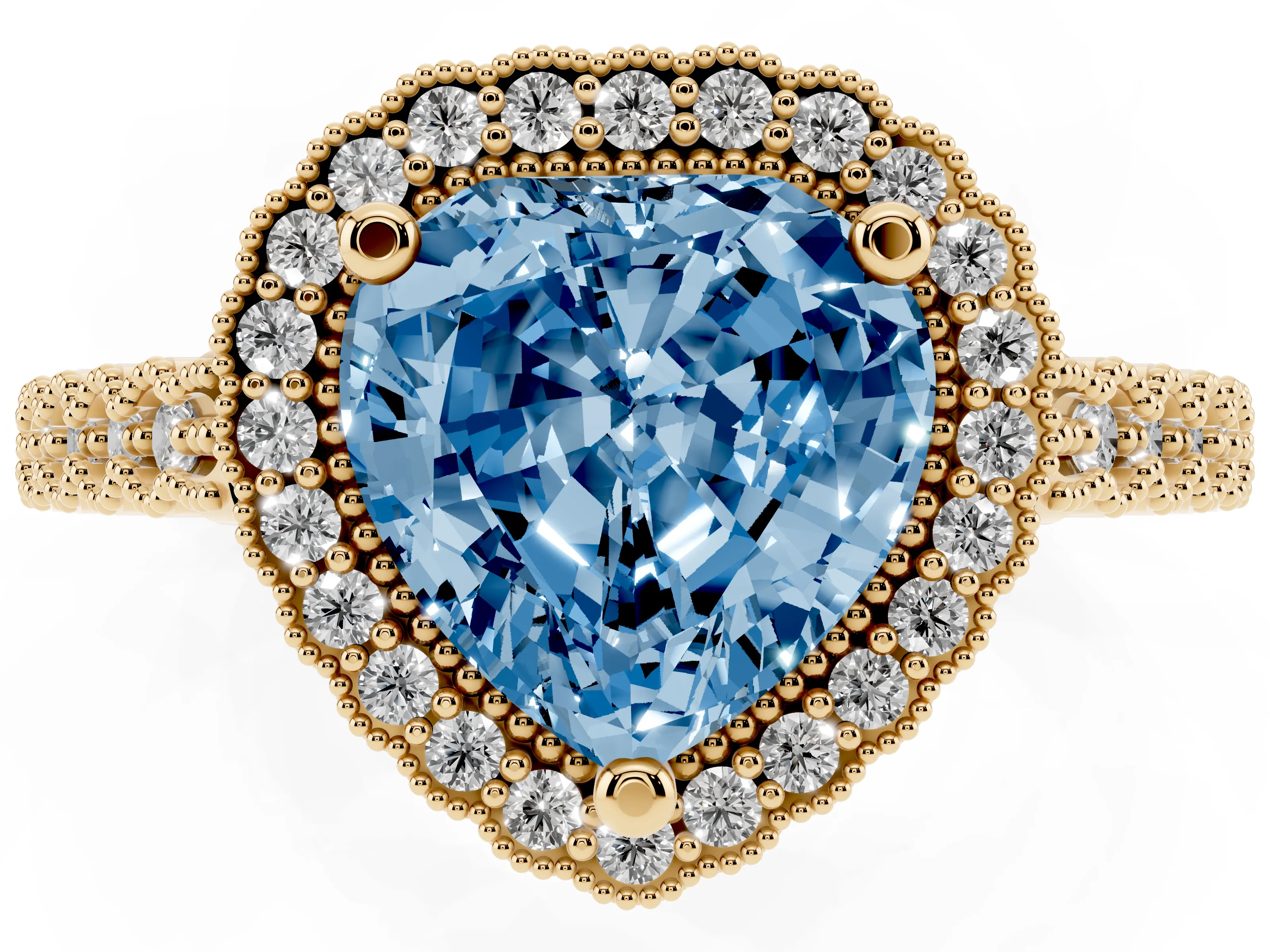 Fancy Blue Heart Cut Diamond Halo Ring Set in Yellow gold with Pavé Milgrain Band