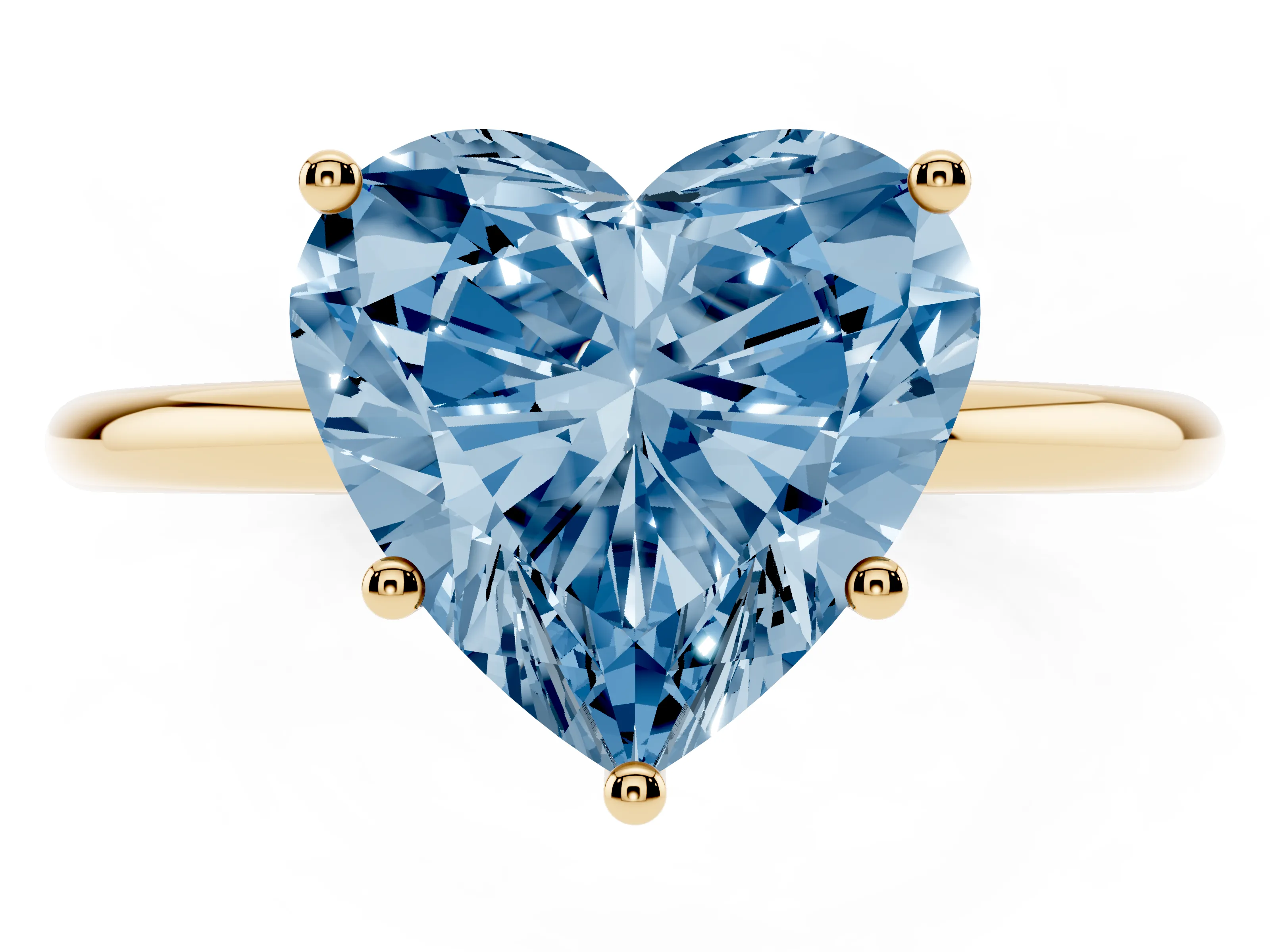 Fancy Blue Heart Cut Diamond Solitaire Engagement Ring Set in Yellow gold with Thin Band and Prong Setting