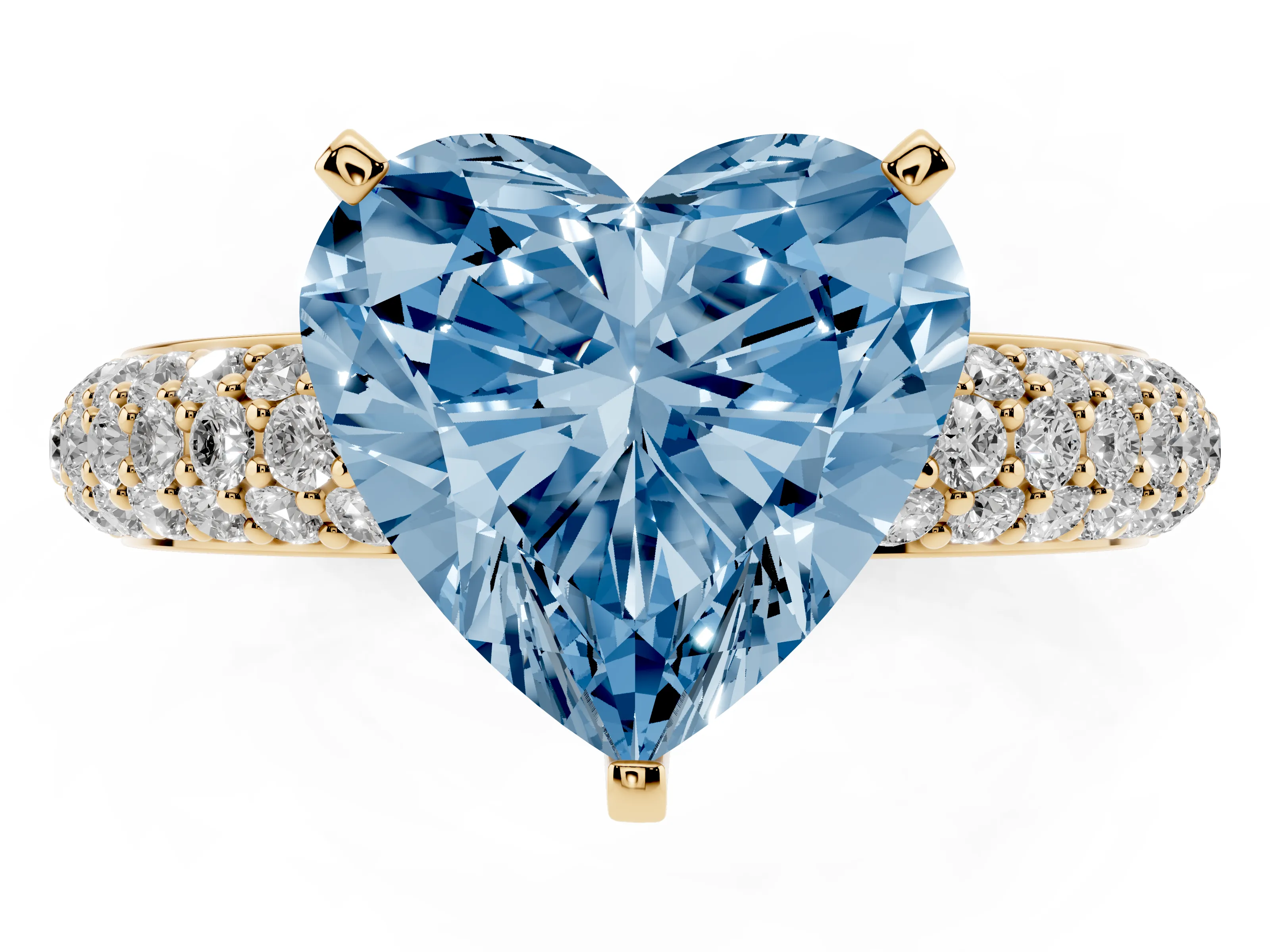 Fancy Blue Heart Cut Diamond Solitaire Ring Set in Yellow gold with Prong Setting and Pavé-Set Band