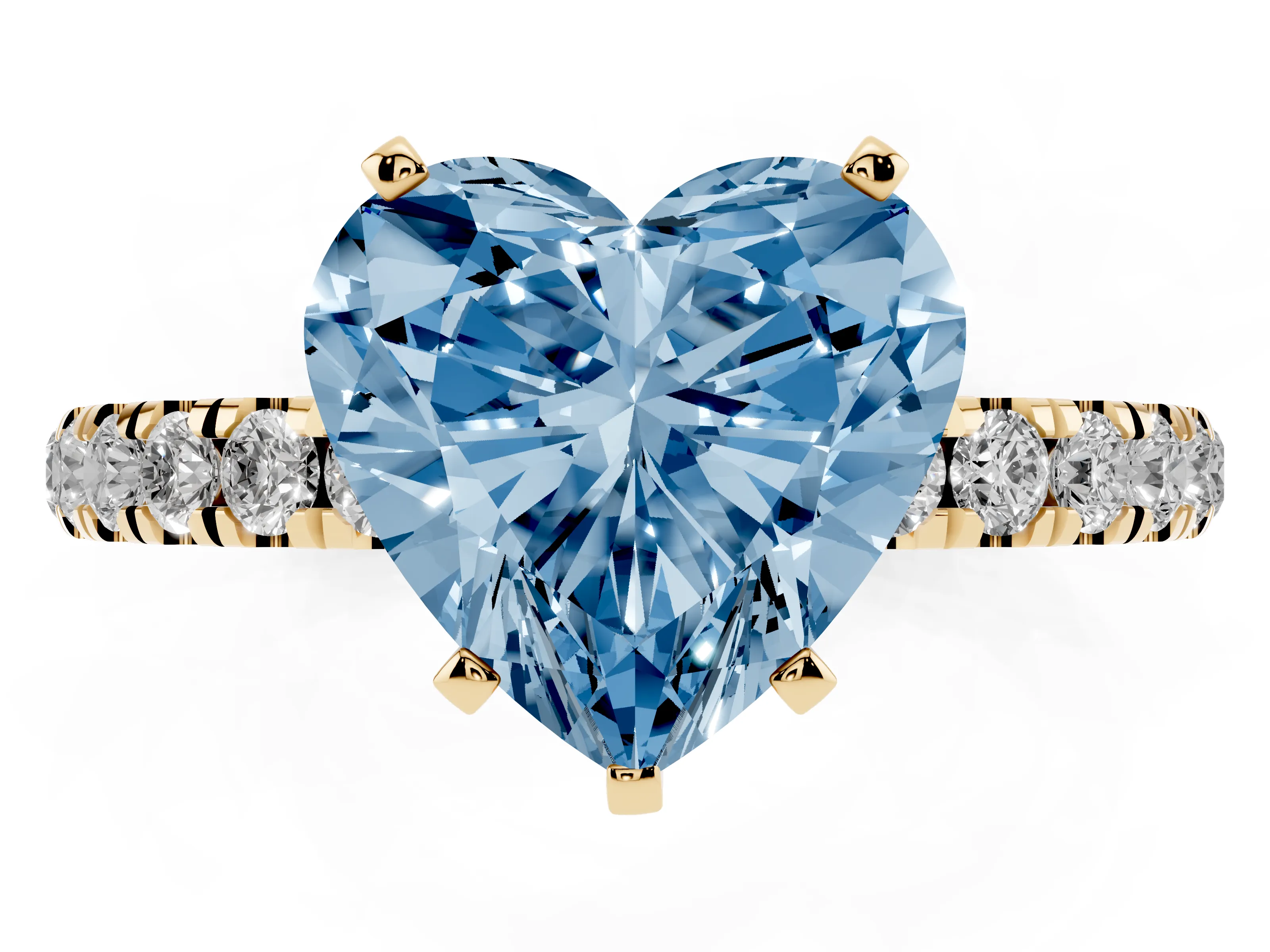 Fancy Blue Heart Cut Diamond Solitaire Ring Set in Yellow gold with Pavé Accents and Prong Setting