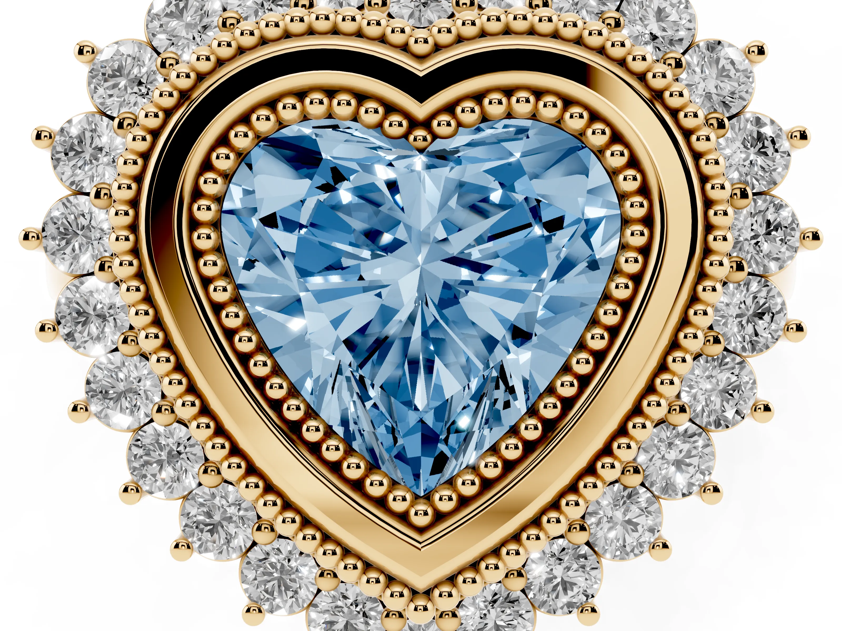 Fancy Blue Heart Cut Diamond Halo Ring Set in Yellow gold with Milgrain Edge and Round Prong Setting