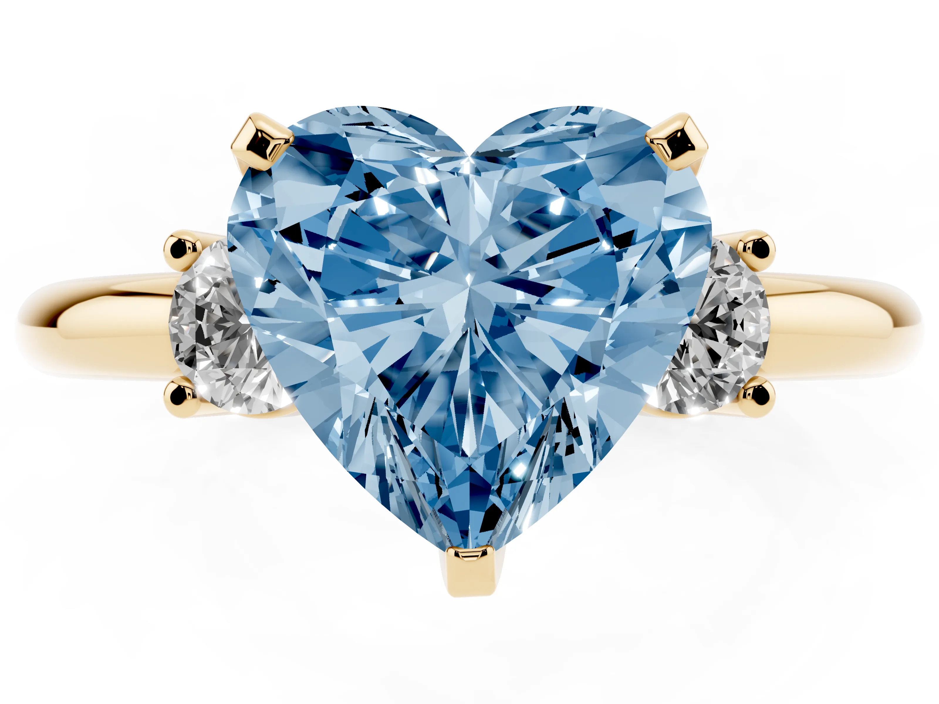 Fancy Blue Three-Stone Heart Cut Diamond Ring Set in Yellow gold with Prong Setting and Plain Band