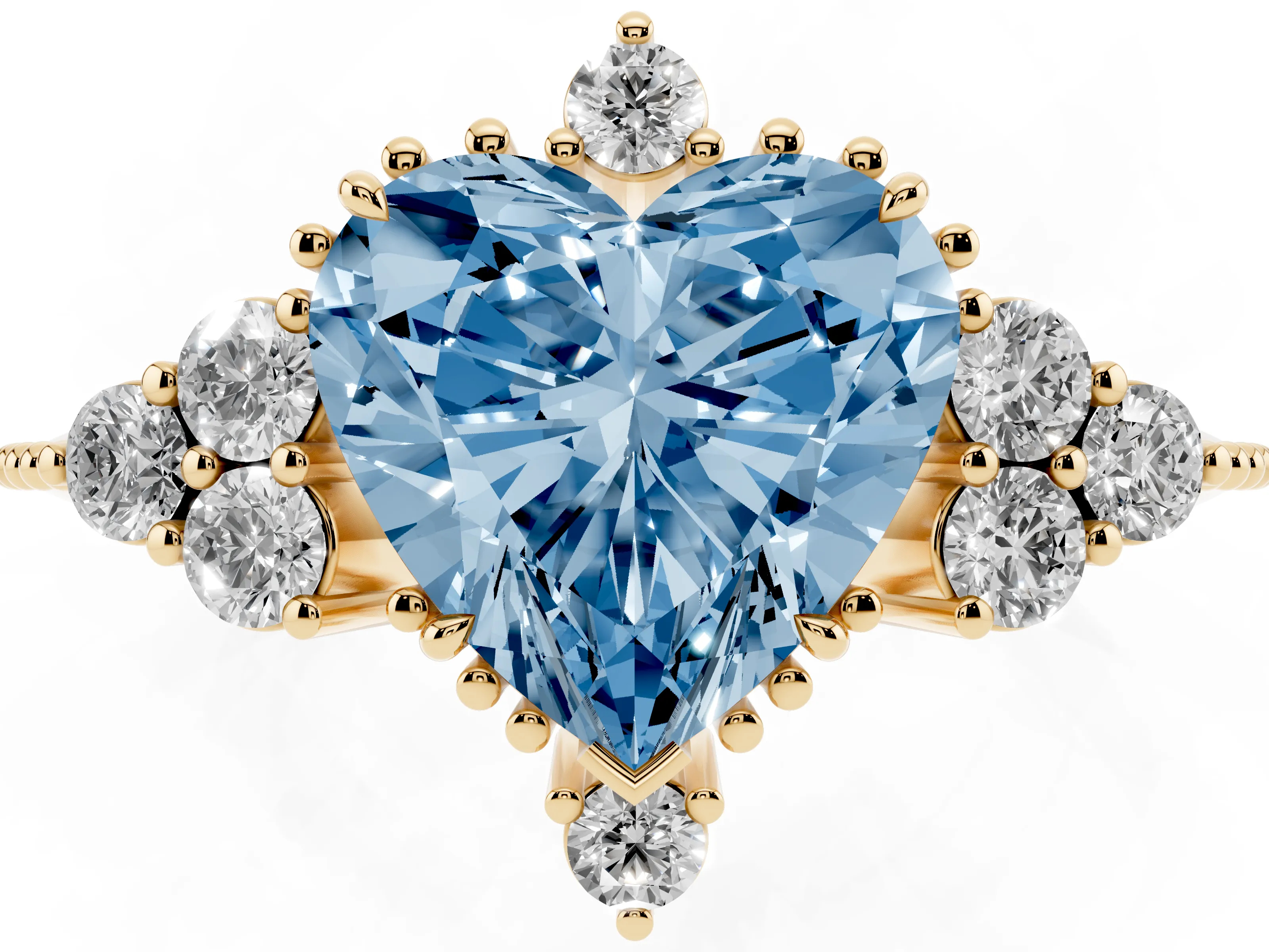 Fancy Blue Heart Cut Diamond Cluster Ring Set in Yellow gold with Beaded Band