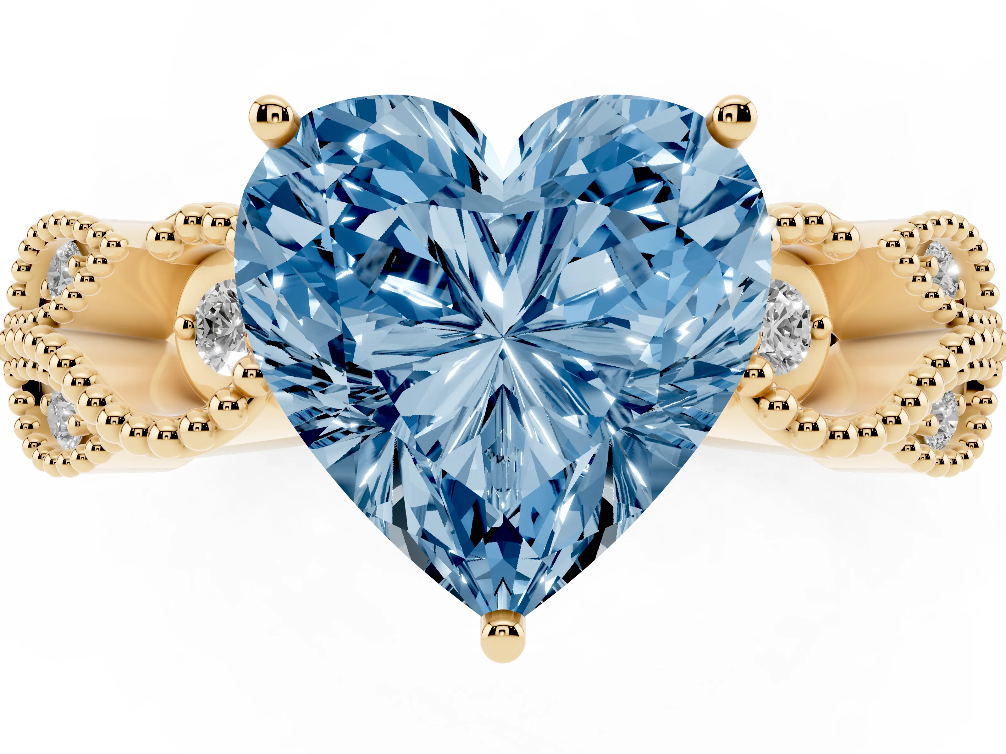 Fancy Blue Heart Cut Diamond Milgrain Leaf Band Solitaire Ring Set in Yellow gold with Accent Stones and Prong Setting