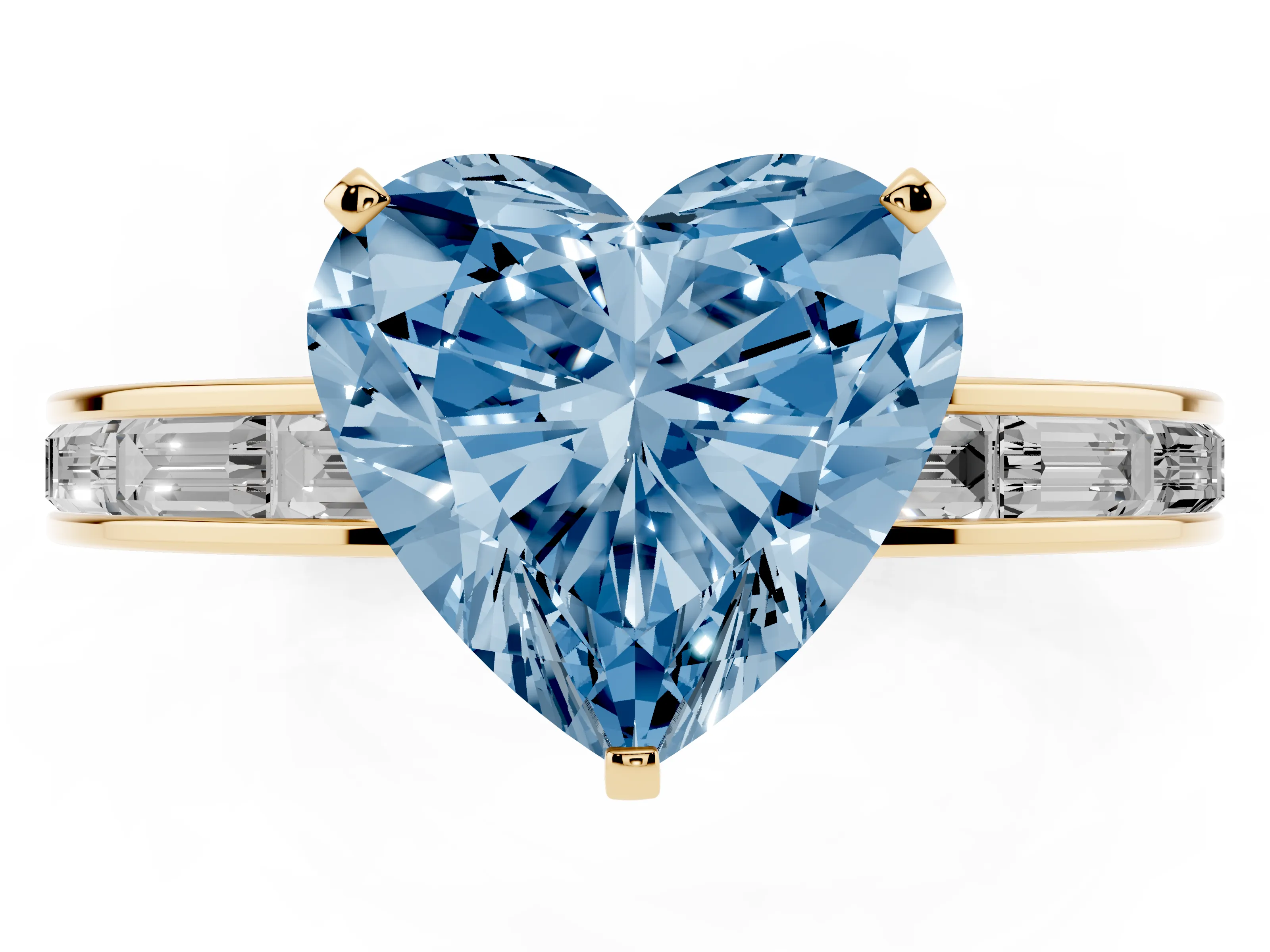 Fancy Blue Heart Cut Diamond Solitaire Ring Set in Yellow gold with Channel-Set Baguette Band and Prong Setting