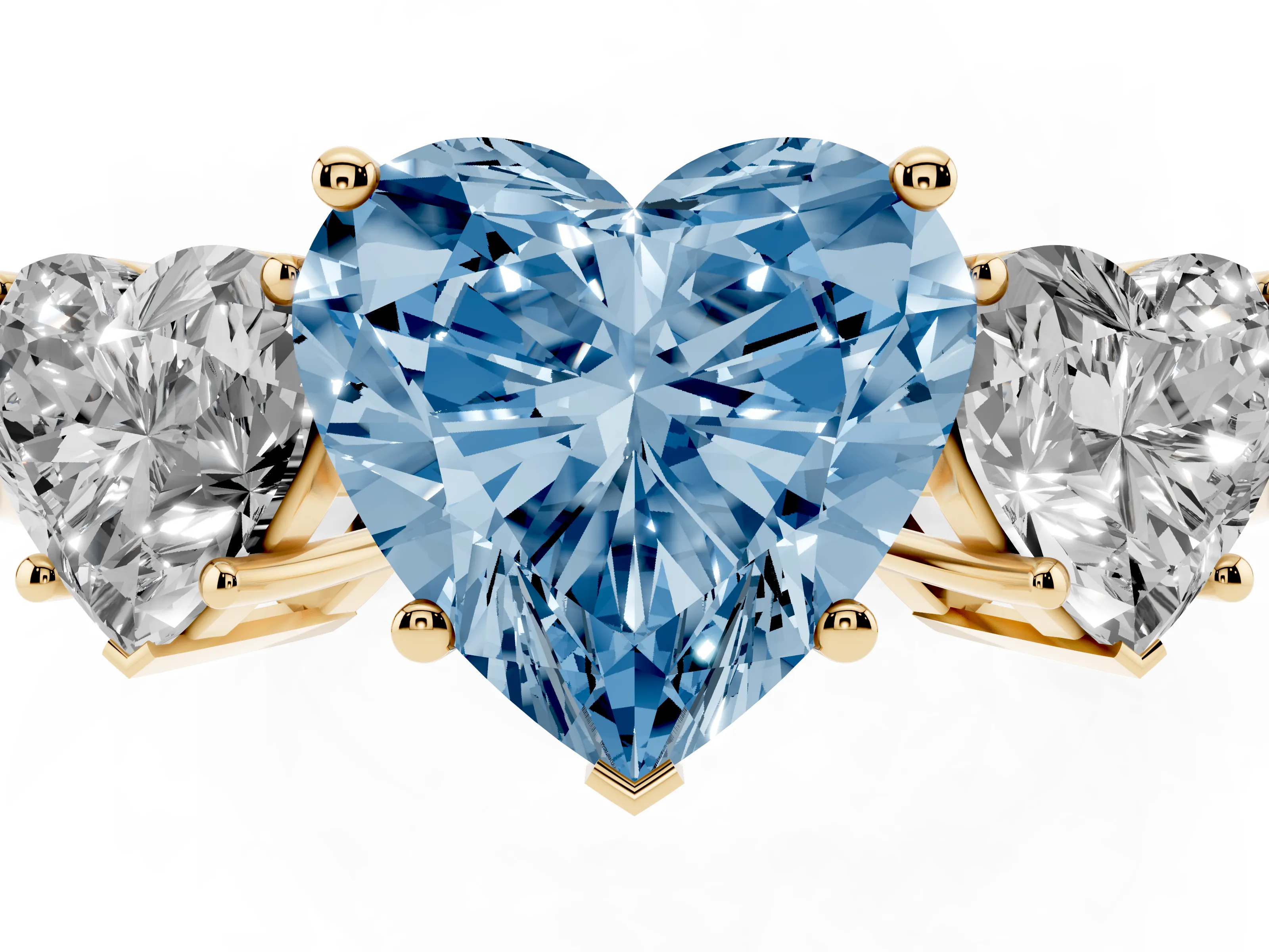 Fancy Blue Heart Cut Diamond Three-Stone Engagement Ring Set in Yellow gold with Flat Band