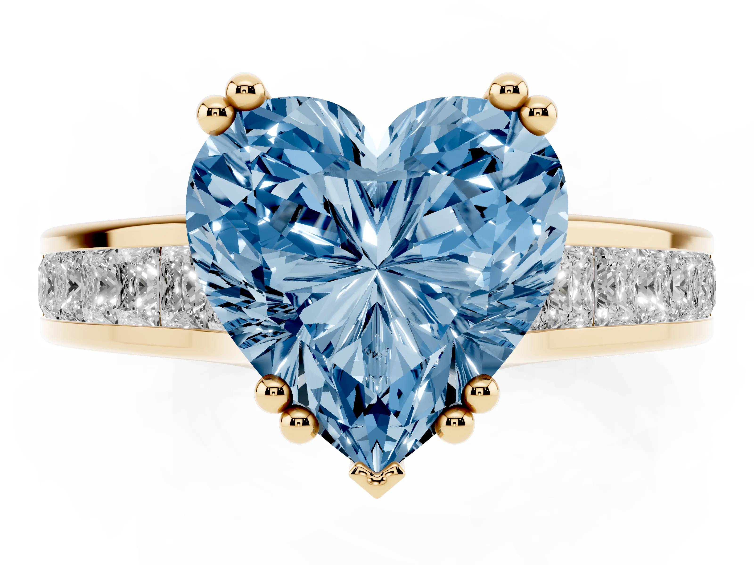 Fancy Blue Heart Cut Diamond Channel Set Solitaire Engagement Ring Set in Yellow gold with Prong Setting